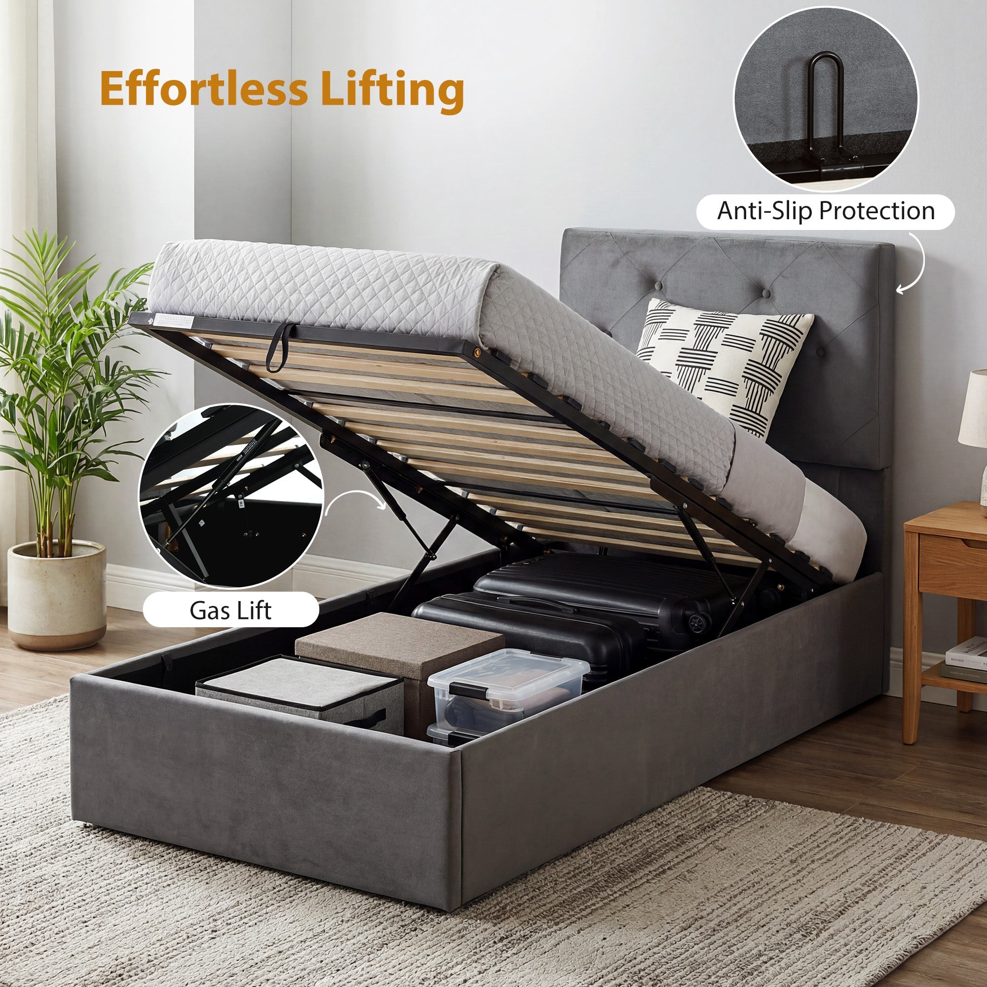 HOMCOM Single Bed Frame Gas Side Lift Under Bed Storage Upholstered Platform Bed Tufted Headboard for 90 x 190 cm Mattress