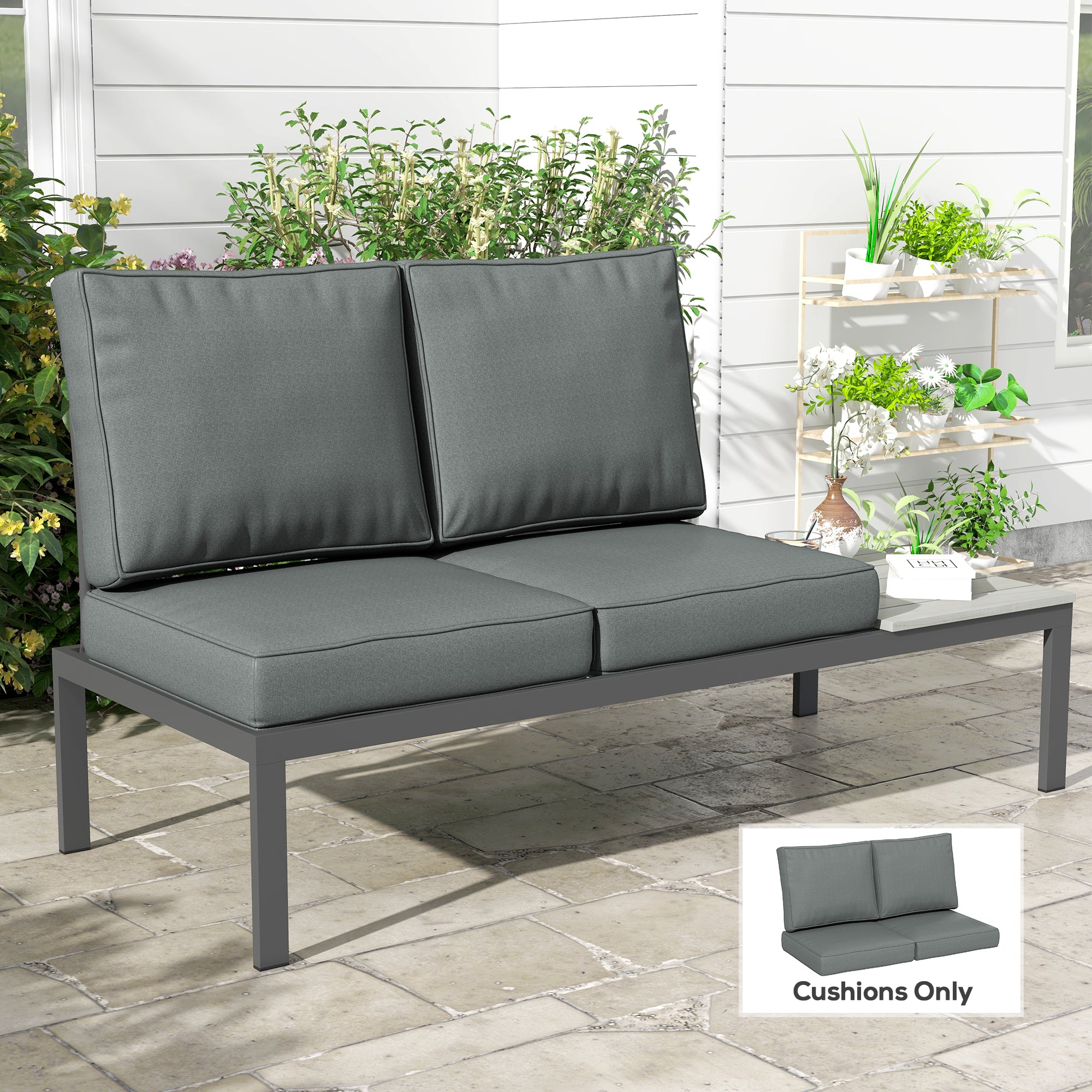 Outsunny 2 Seater Back and Seat Cushion Pillows Replacement, Patio Chair Cushions Set for Indoor Outdoor, Charcoal Grey