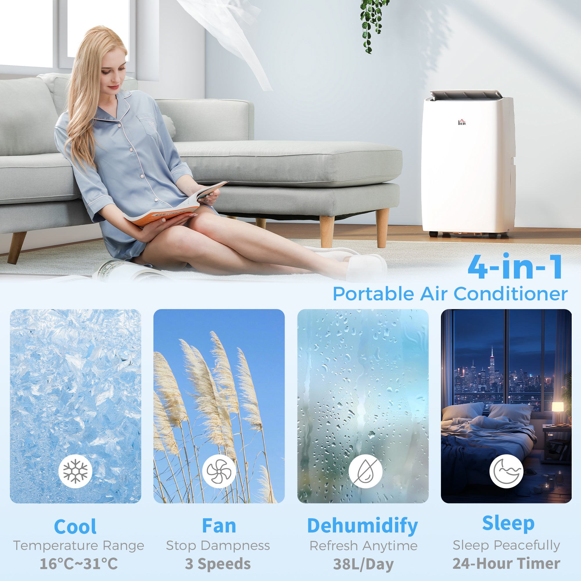 HOMCOM Portable Air Conditioner 12000 BTU, 4-in-1 Air Conditioning Unit, Dehumidifier, Cooling, Fan, Sleep Mode with 3 Speeds, Remote Control, LED Display, 24H Timer, Window Kit, Children Lock, 35m√Ç¬≤