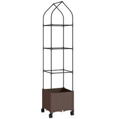 Outsunny Raised Garden Bed with Trellis, Tomato Cage with Lockable Wheels, Self Watering Planter Box with Drainage Holes, Brown