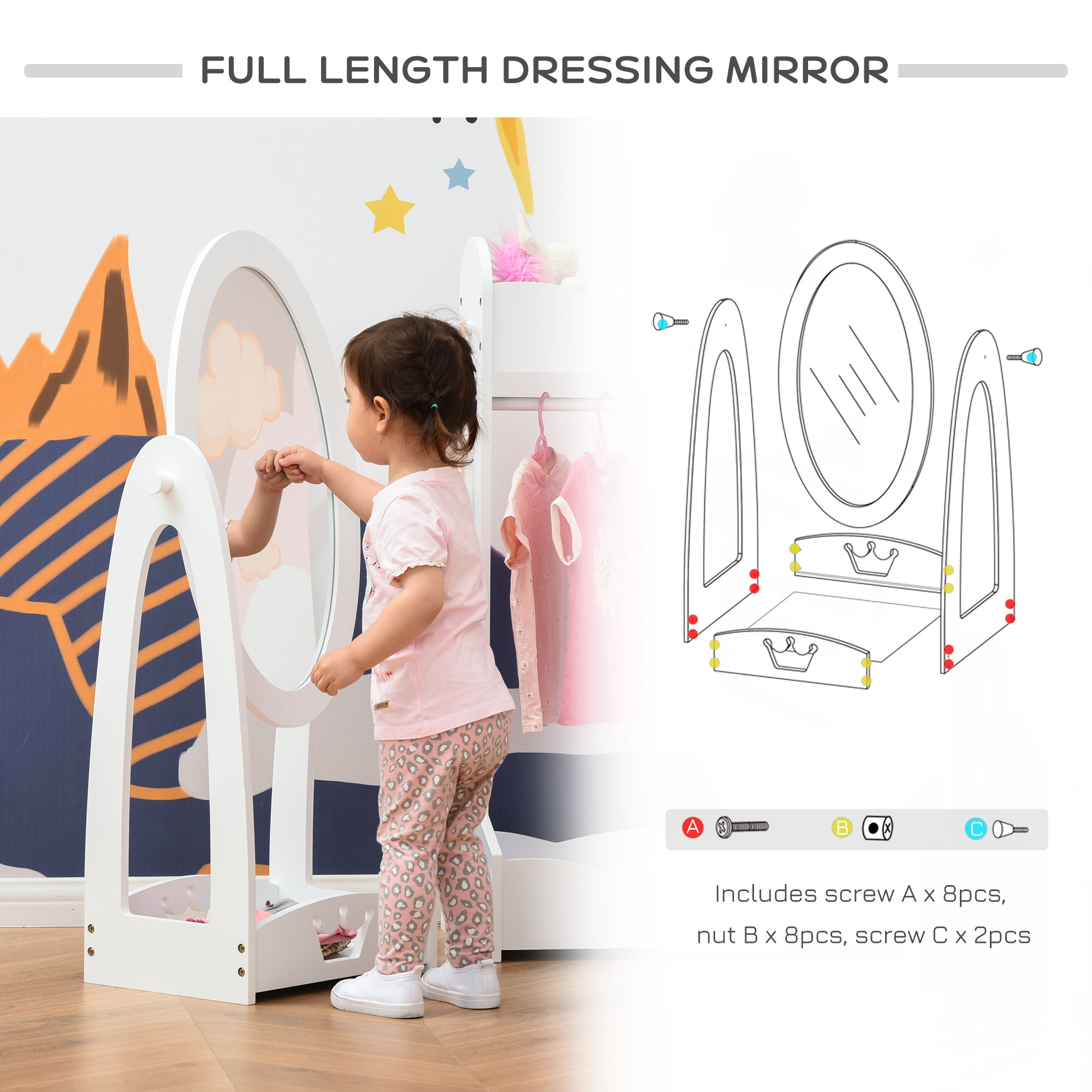 HOMCOM Kids Clothes Rail and Mirror Set 360 Rotation Free Standing Full Length Mirror and Hanging Rack with Storage Shelves Child's Dressing Mirror Garment Wardrobe White