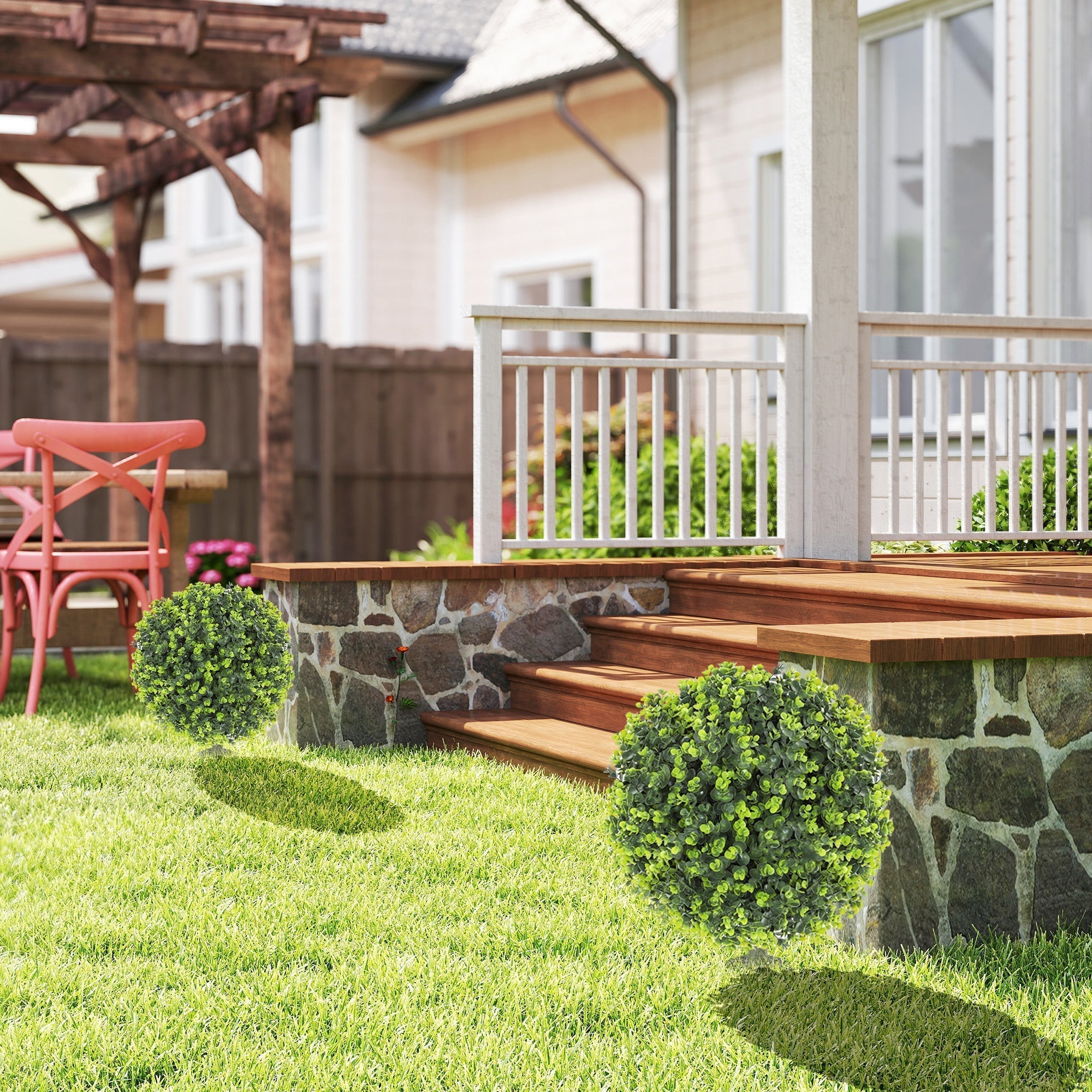 HOMCOM Set of 2 40 cm Artificial Boxwood Topiary Ball Bush with Integrated Ground Stake, Indoor Outdoor UV Resistant Faux Greenery, Faux Plants for Garden, Porch, Balcony