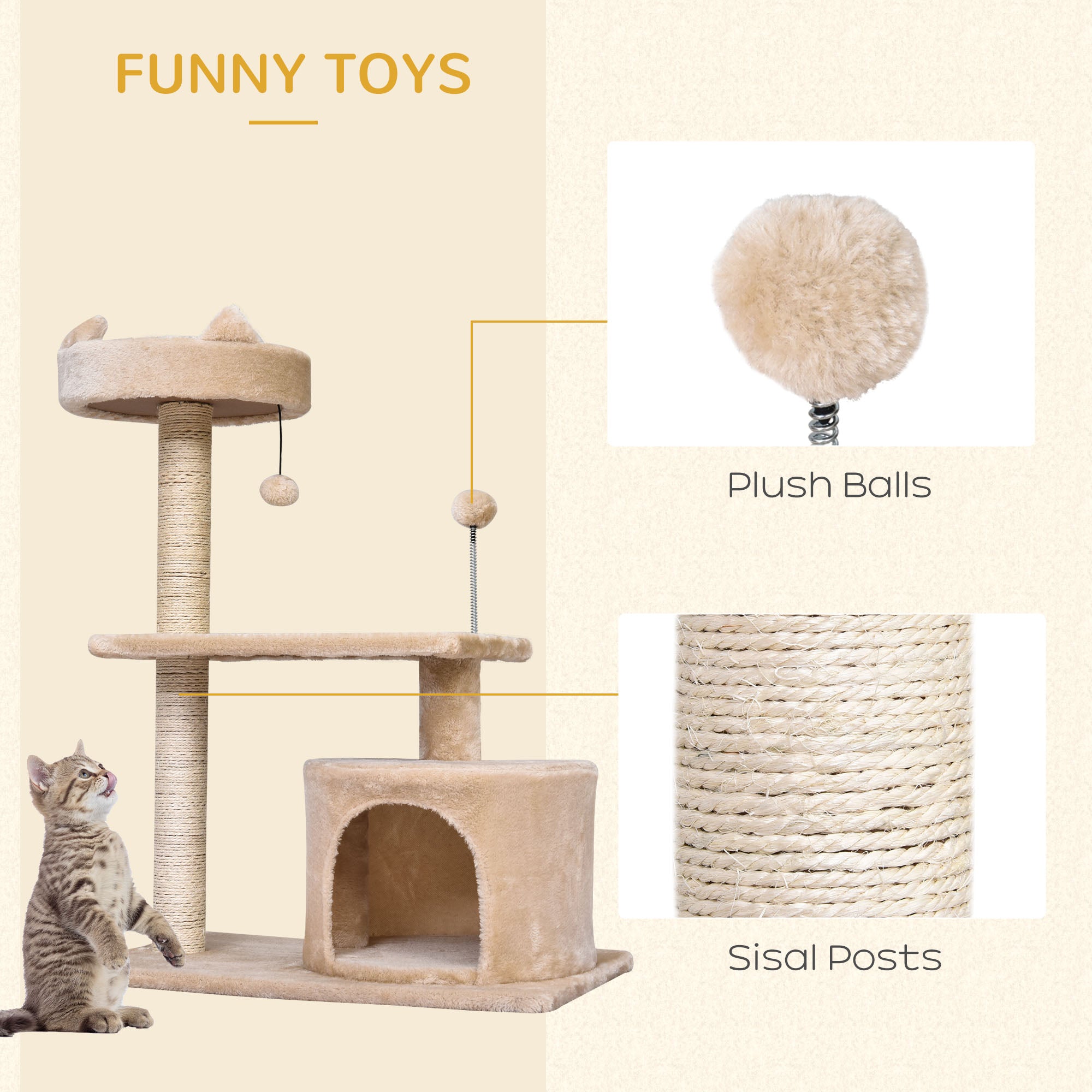 PawHut Cat Tree for Indoor Cats with Scratching Post Climbing Tower Kitty Activity Centre Condo Perch Jumping Platforms Beige 60L x 40W x 81H cm