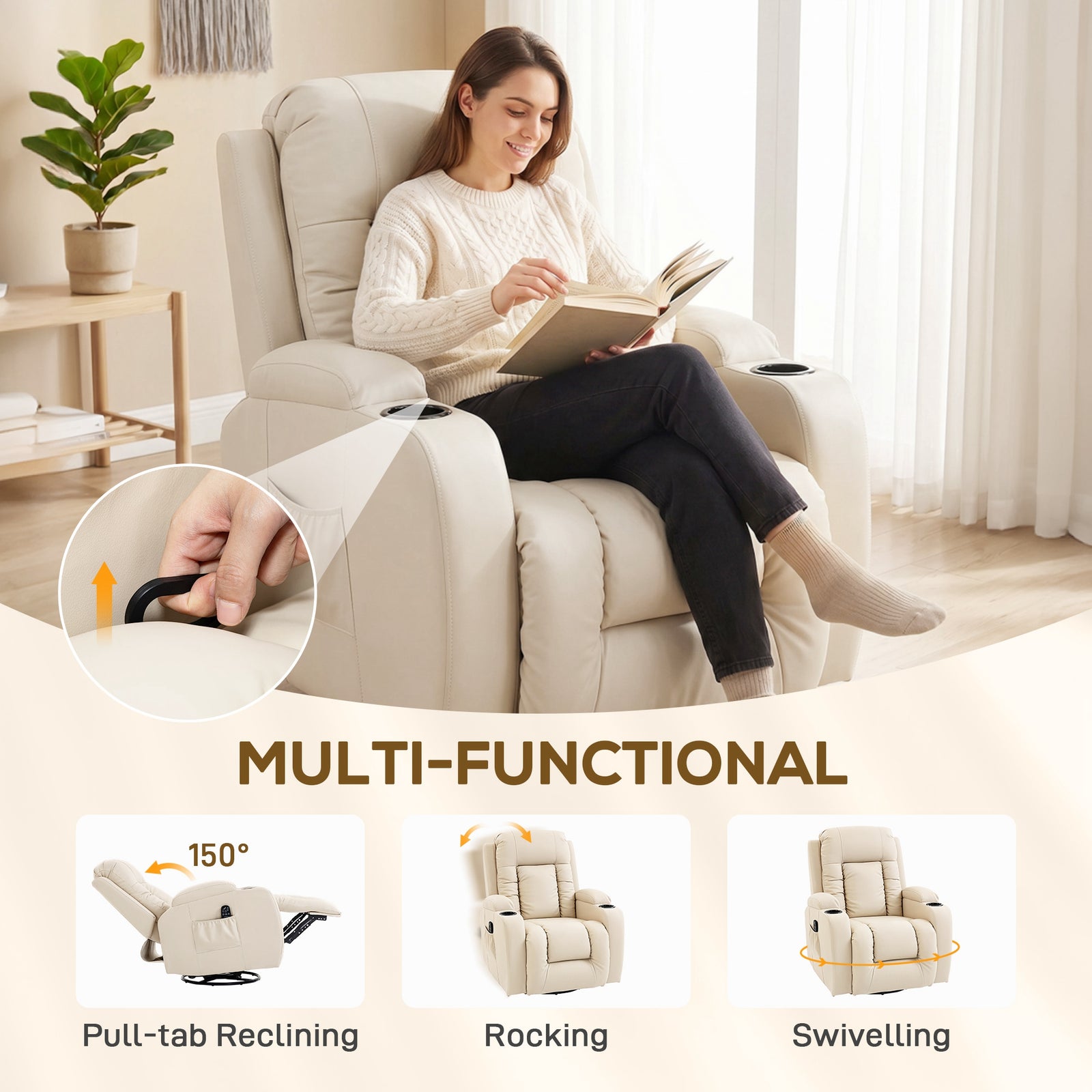 HOMCOM PU Leather Recliner Chair, Recliner Armchair with Extended Footrest, Cup Holders and Side Pockets, Cream