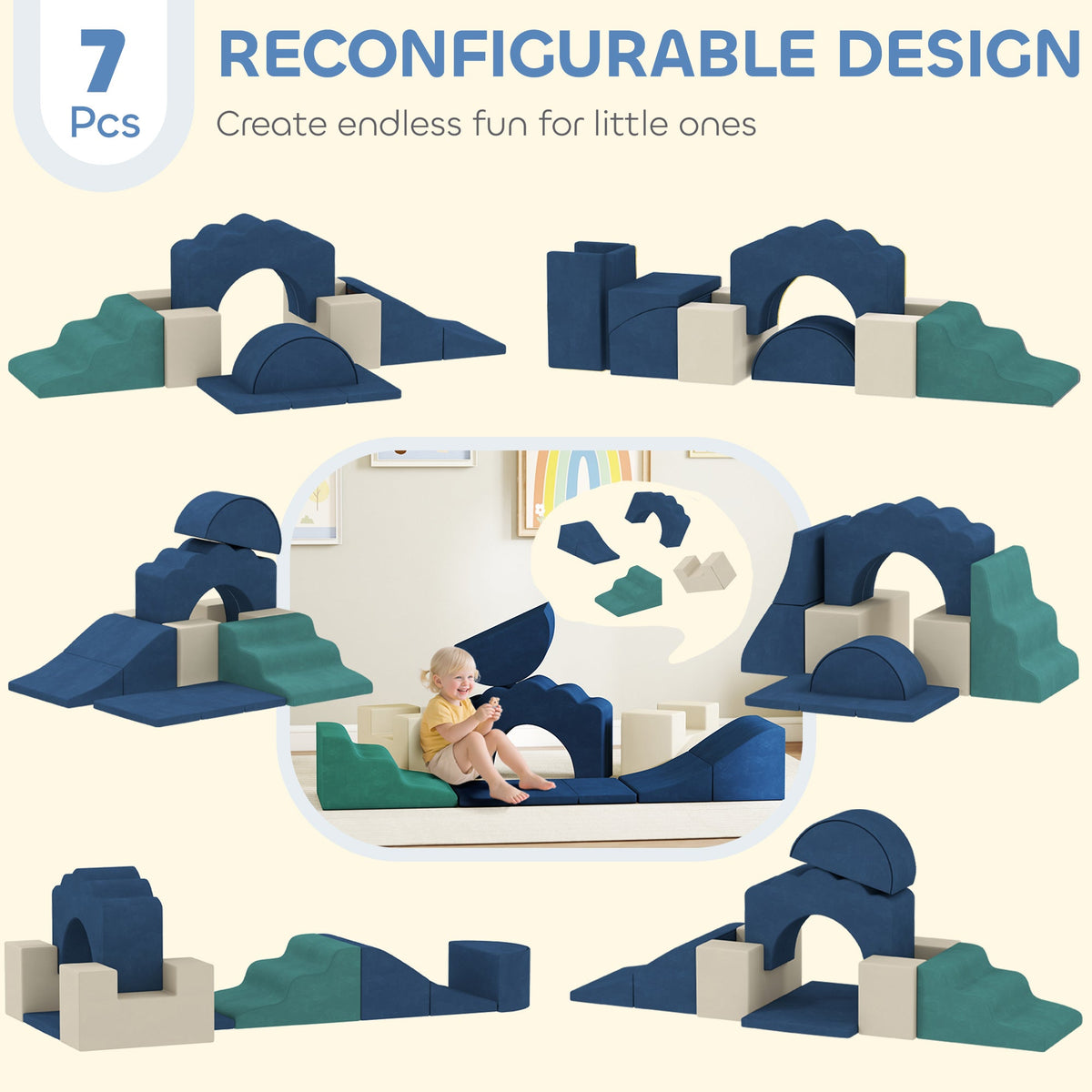 AIYAPLAY 7 Piece Kids Soft Play Set with Detachable Cover, Baby Indoor Climb and Crawl Foam Toy for Toddlers, Dark Blue