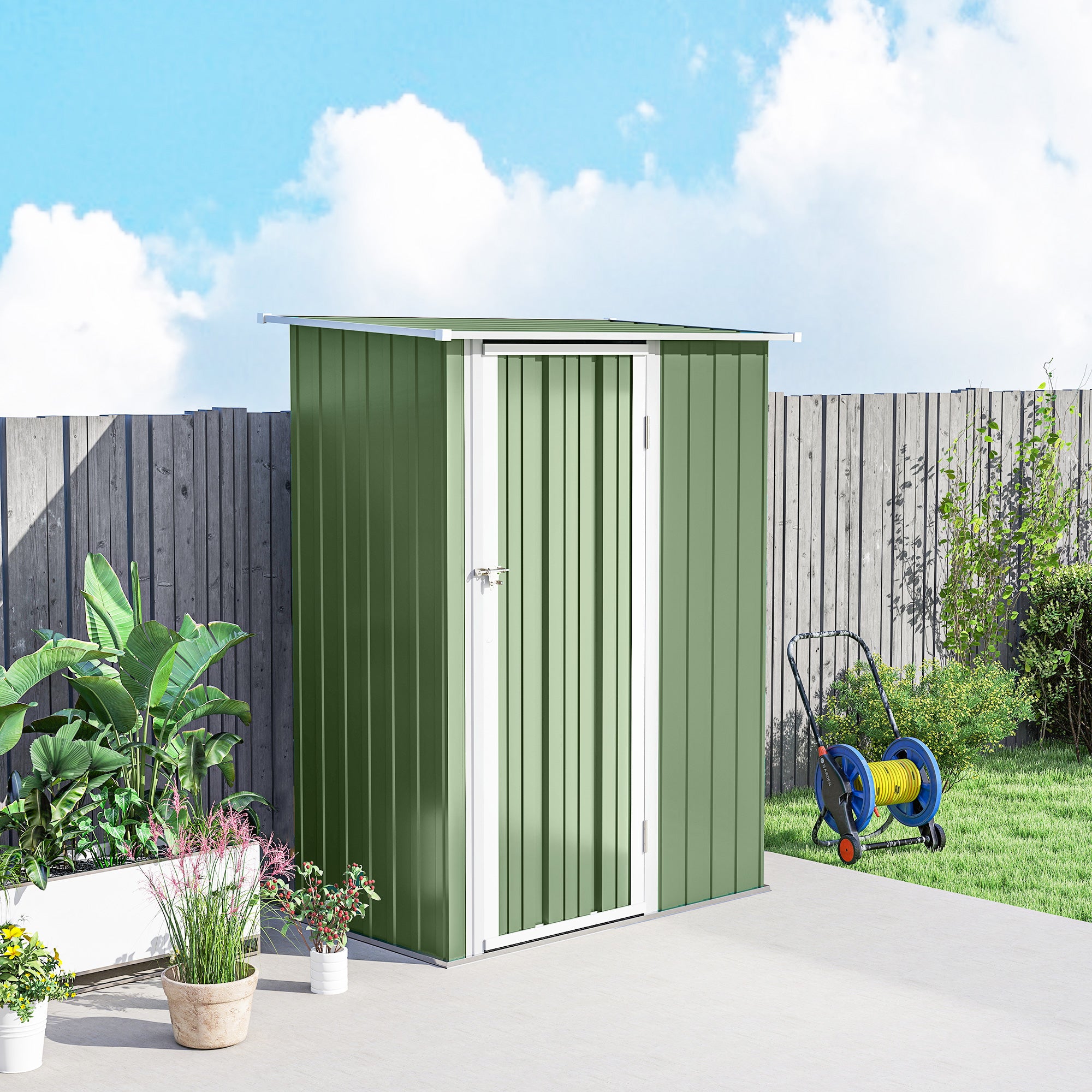 Outsunny 5ft x 3ft Metal Garden Storage Shed, Outdoor Tool Shed with Sloped Roof, Lockable Door for Tools, Equipment, Light Green