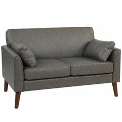 HOMCOM 2 Seater Sofa, 132 cm Modern Small Sofa with Solid Wood Legs and 2 Pillows for Small Space, Grey