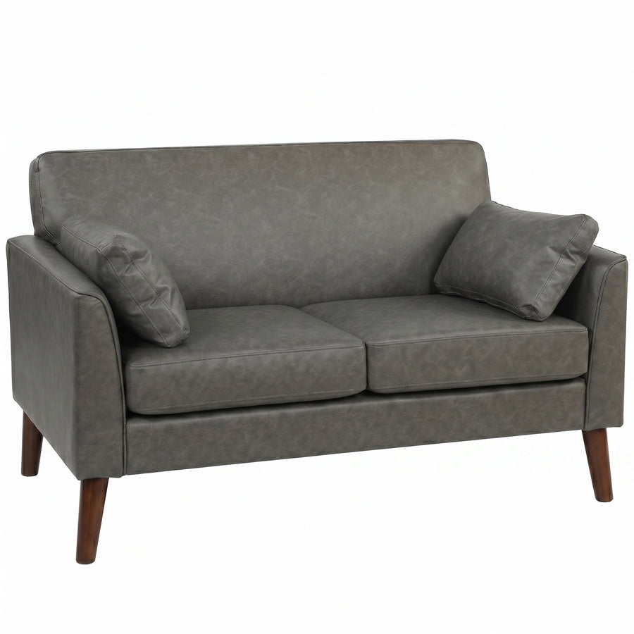 HOMCOM 2 Seater Sofa, 132 cm Modern Small Sofa with Solid Wood Legs and 2 Pillows for Small Space, Grey