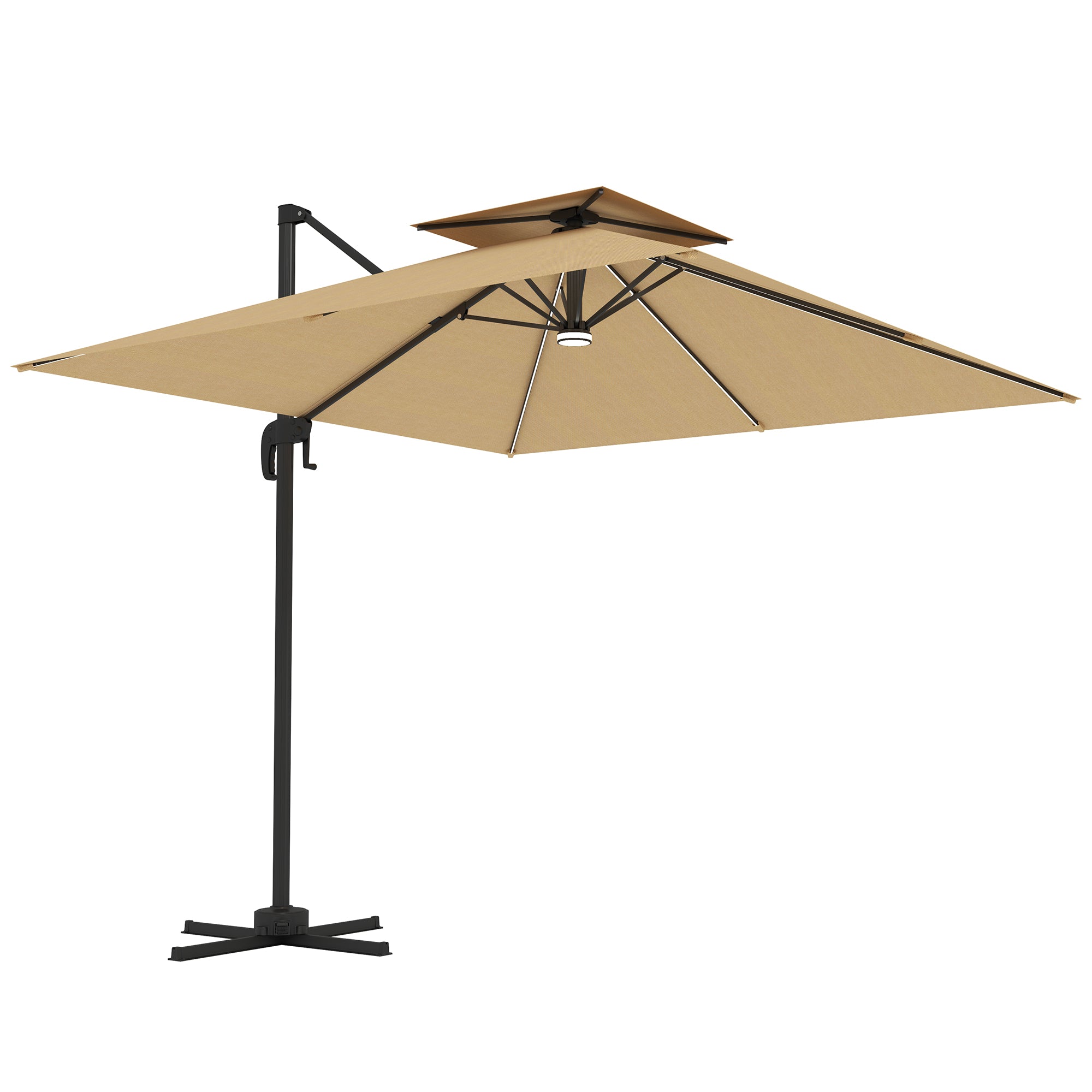 Outsunny 2.5m Cantilever Parasol with Solar Powered LED Lights, 360√Ç¬∞ Rotation, Tilt Adjustment, Crank Handle, Khaki