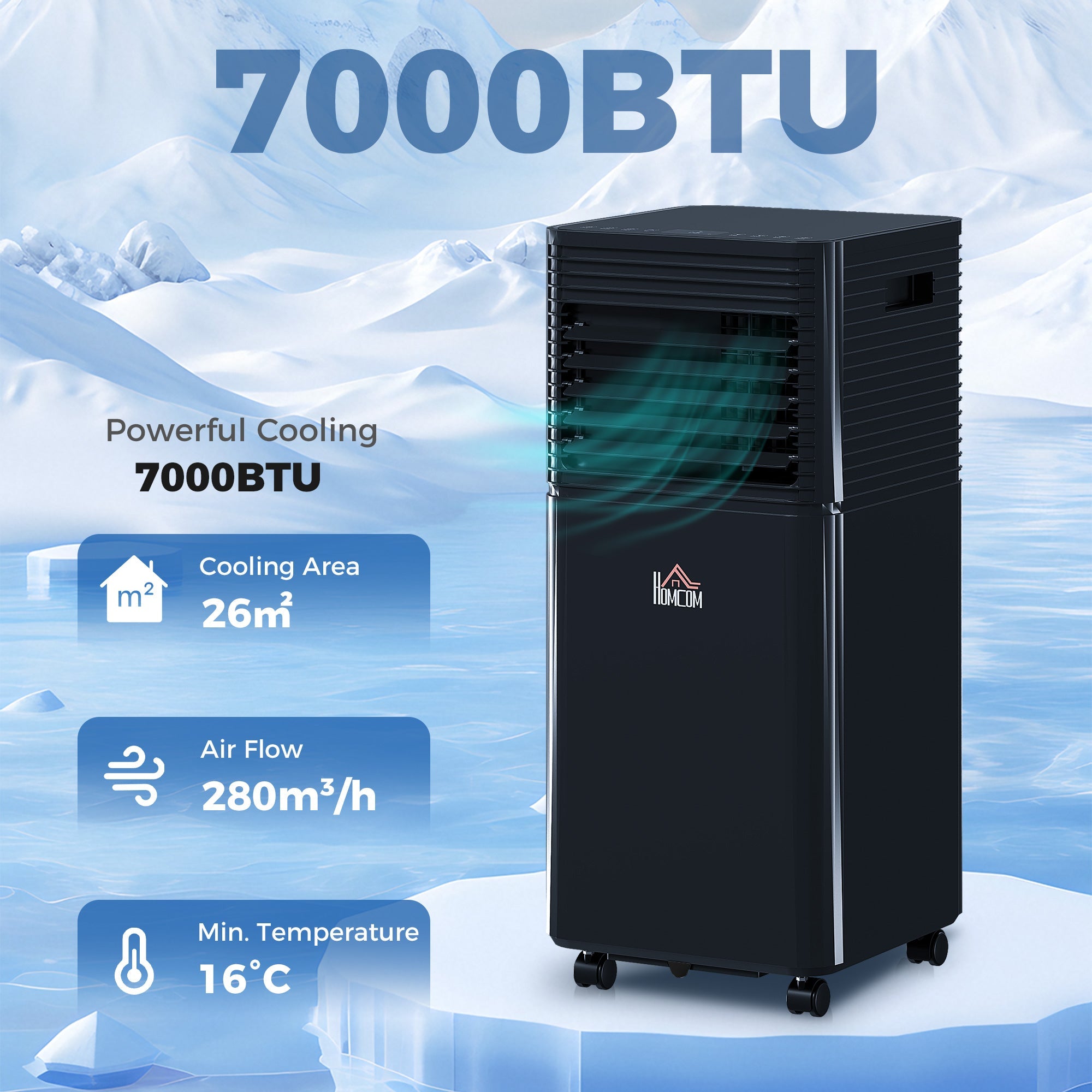HOMCOM 7000 BTU 4-In-1 Portable Air Conditioner Unit Cooling Dehumidifying Ventilating  for Room up to 26mÂ², with Fan, Remote, 24H Timer, Window Mount Kit, R290, A Energy Efficiency
