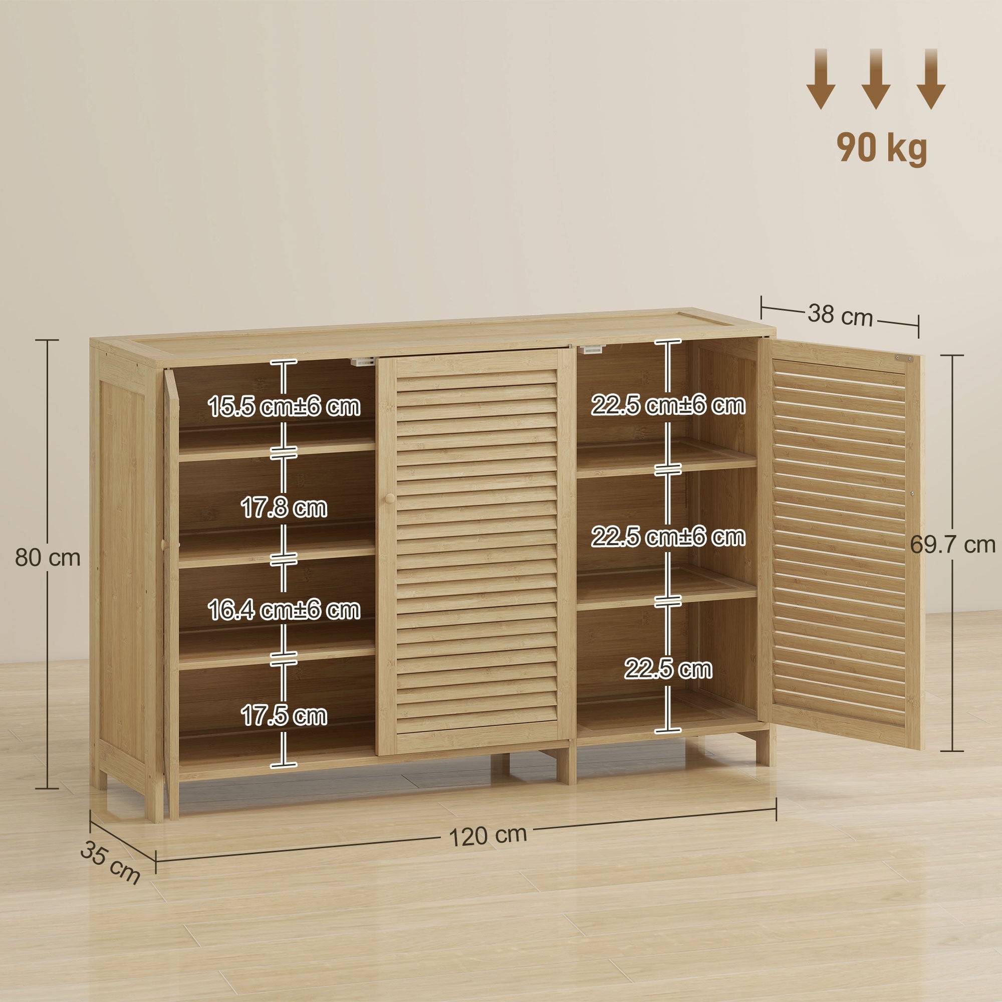 HOMCOM Bamboo Shoe Cabinet with Louvered Doors, 18 Pairs Shoe Storage Cabinet with Adjustable Shelves for Hallway, Natural