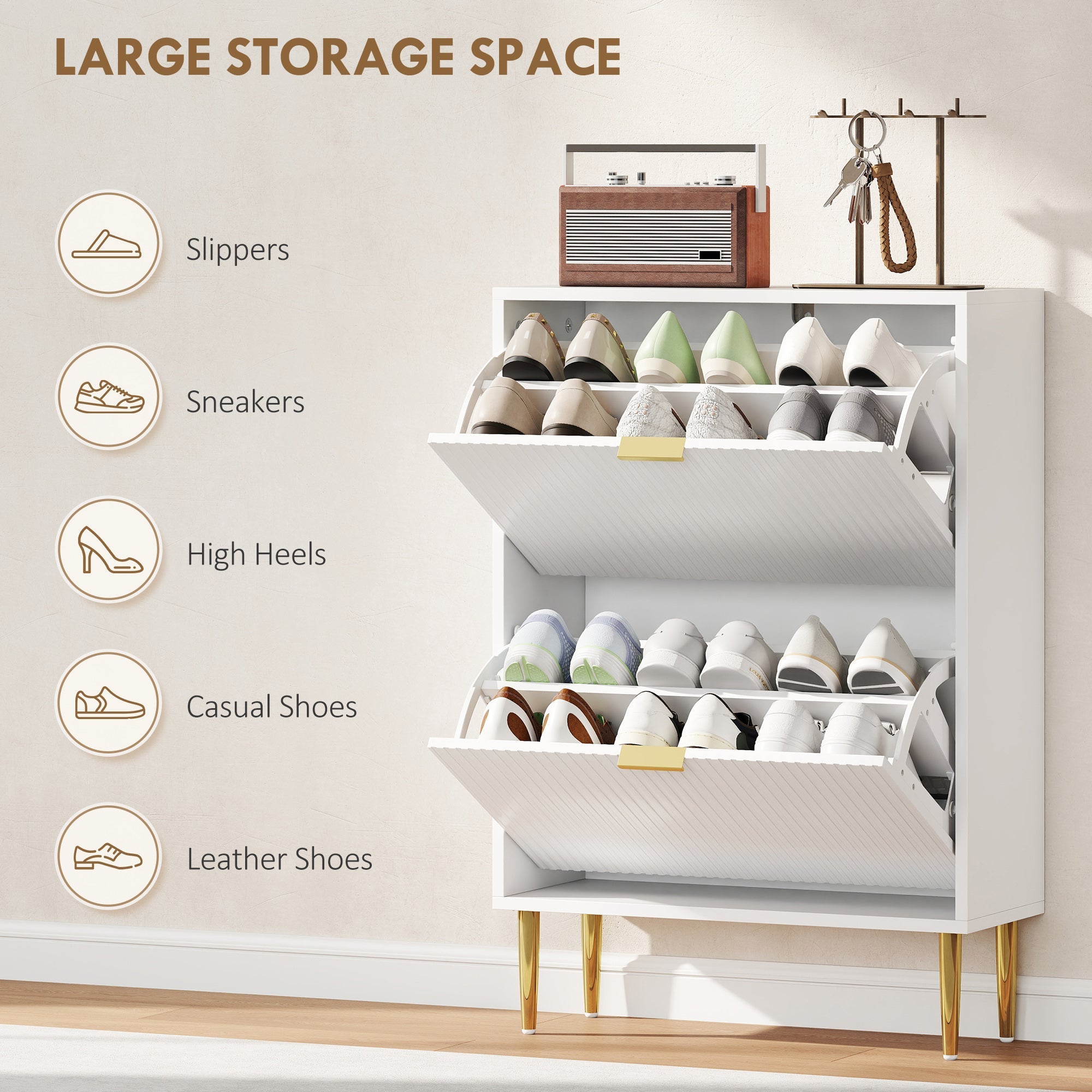 HOMCOM Elegant Two-Drawer Shoe Cabinet - White