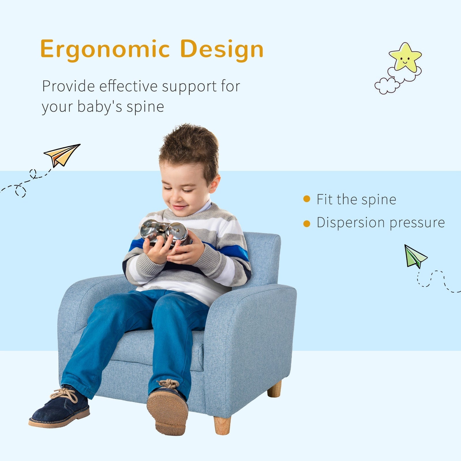 HOMCOM Children's Armchairs Toddler Chair Wood Frame Anti-Slip Legs High Back Bedroom Playroom Furniture Blue