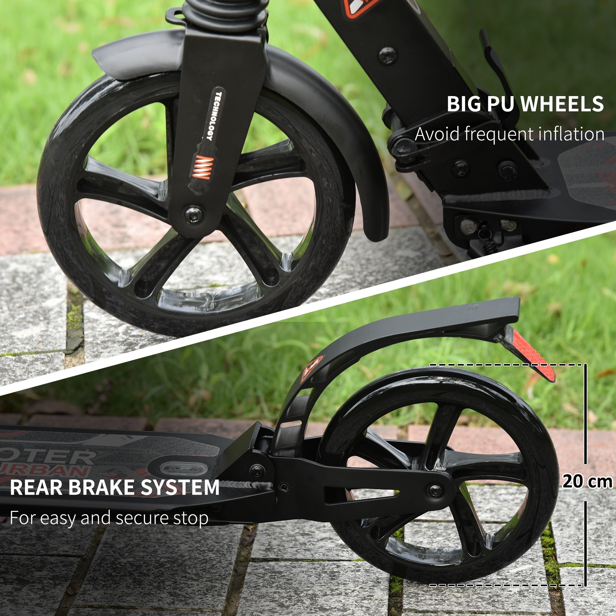 HOMCOM Folding Kick Scooter, Adjustable Ride On Scooter with 200mm Big Wheels and Double Shock Absorption, Urban Scooter for 14+ Teens Adult, Black