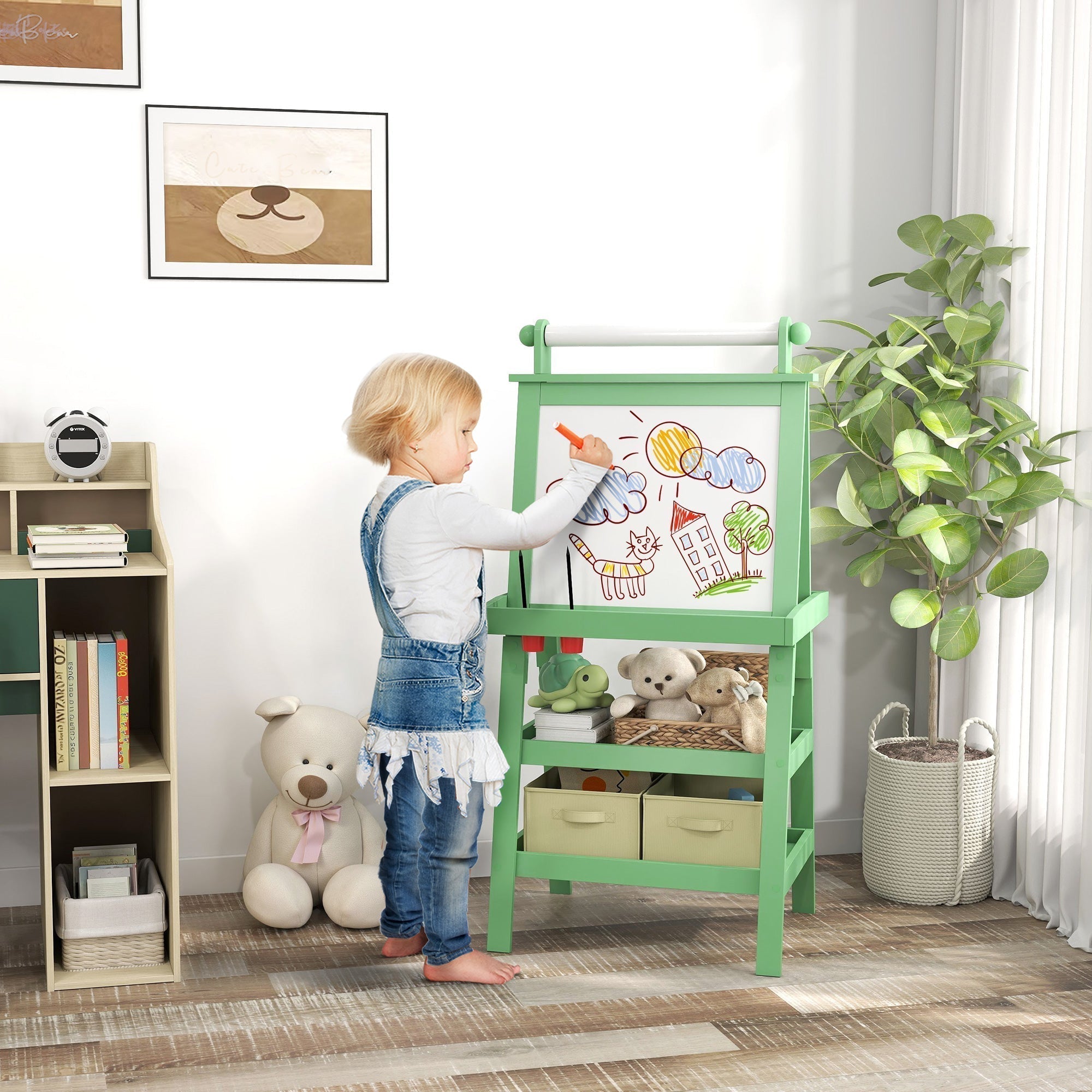 AIYAPLAY 3 in 1 Kids Easel Double-Sided Magnetic Whiteboard and Chalkboard with Paper Roll, Storage Baskets - Green