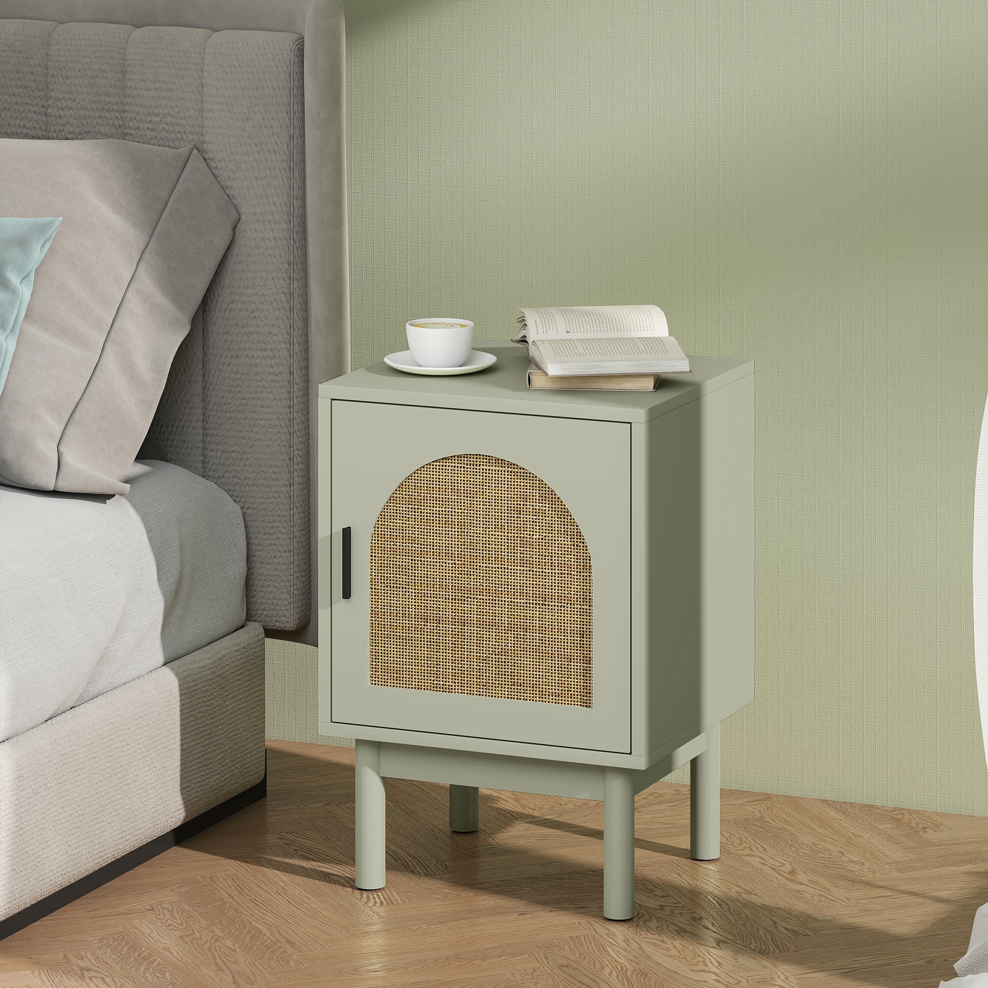 HOMCOM Rattan Bedside Table for Bedroom - Light Green