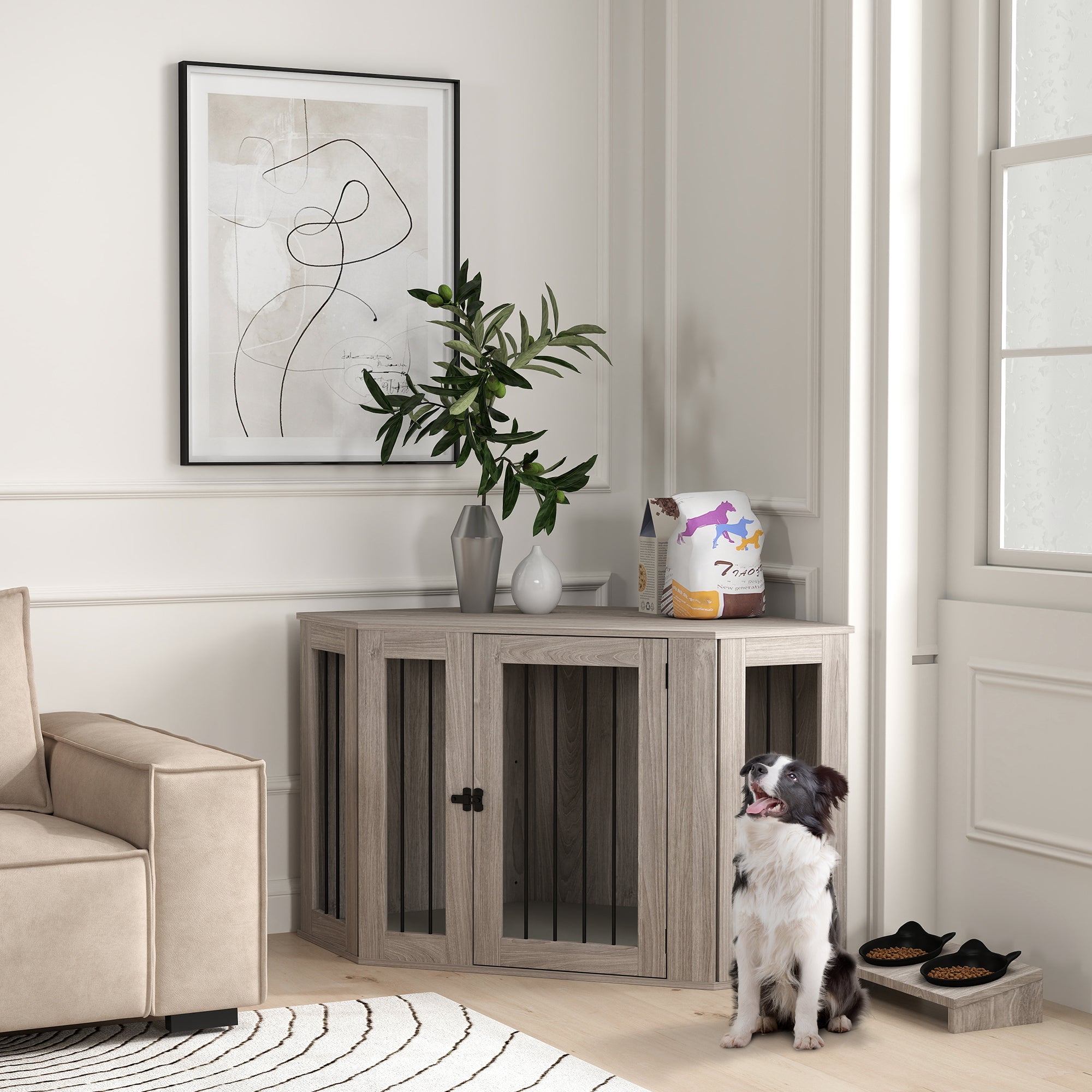 PawHut Dog Crate Furniture Side Table, with Cushion, 122 x 61 x 71cm - Walnut Brown