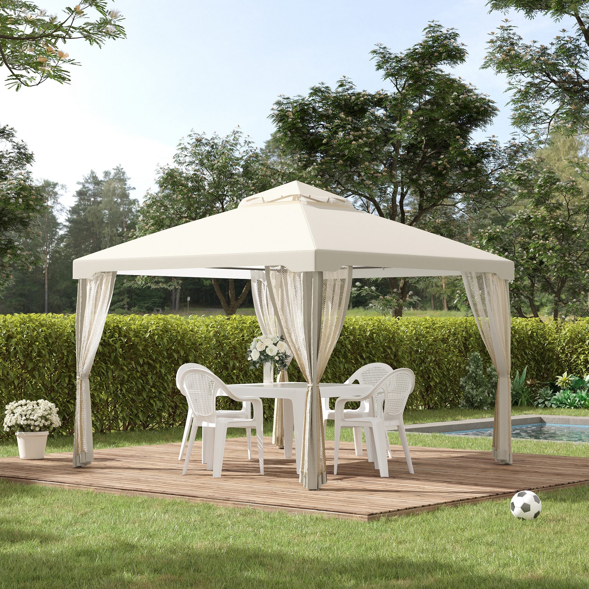 Outsunny 3 x 3 m Metal Gazebo, Garden Pavillion, Double√Ç Roof Outdoor Canopy Shelter with Mesh Sidewalls, Cream White