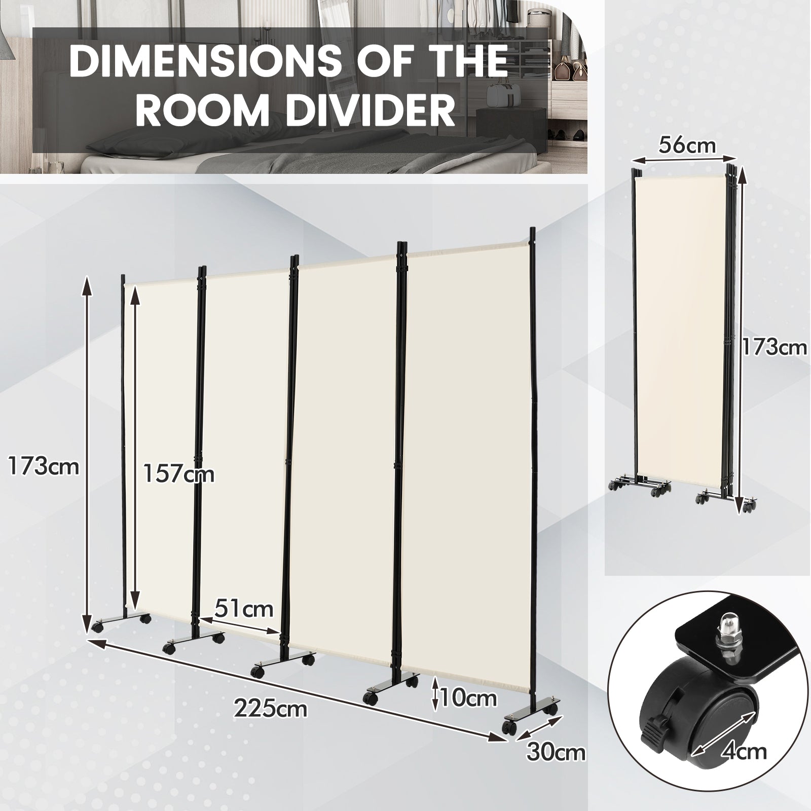 4-Panel Folding Room Divider with Wheels for Living Room Bedroom -White