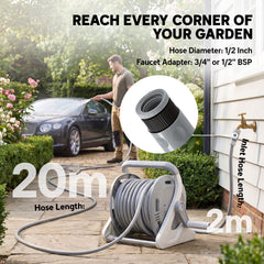 Outsunny Portable Garden Hose Reel, 20+2 m Wall Mounted Hose Reel with 2 Patterns Spray Nozzle and Crank Handle, Grey