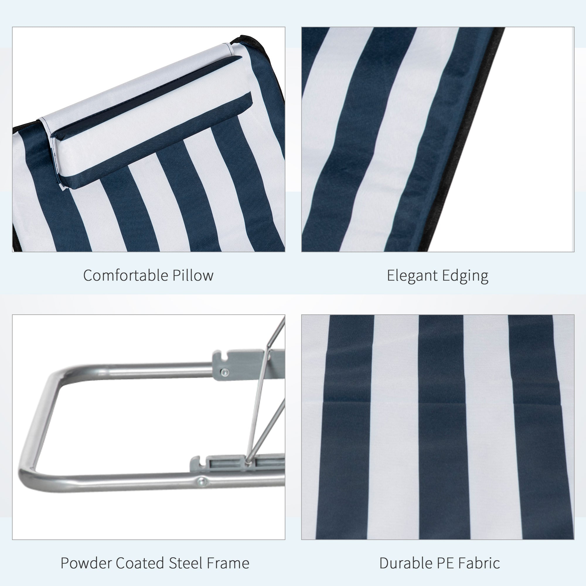 Outsunny Set of 2 Foldable Garden Beach Chair Mat Lightweight Outdoor Sun Lounger Seats Adjustable Back Metal Frame PE Fabric Head Pillow w/ Carry Bag, Blue