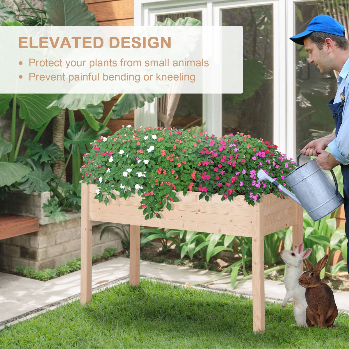 Outsunny Garden Wooden Planters, Non-Woven Fabric, Rectangular Raised Bed,Fir Wood,Indoor/Outdoor, 122.5Lx56.5Wx76H cm