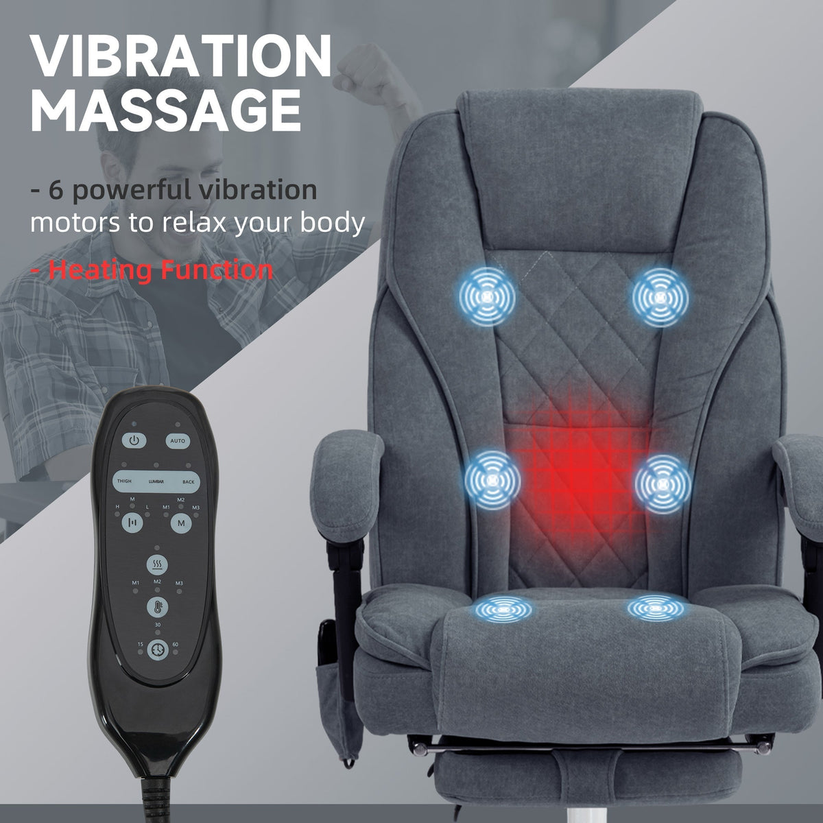 Vinsetto Massage Office Chair, Heated Reclining Computer Chair with Adjustable Height and Footrest, Dark Grey