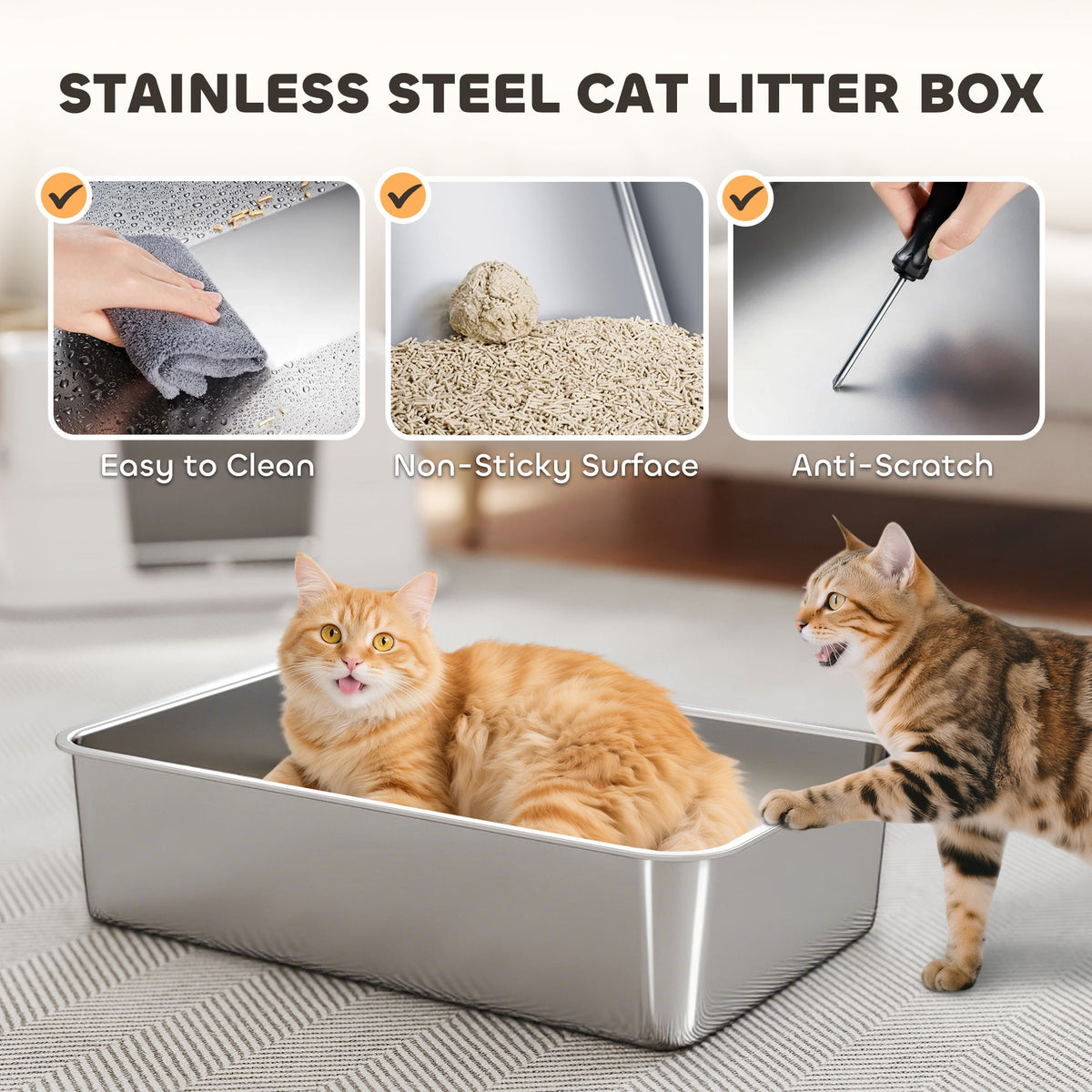 PawHut XL Stainless Steel Litter Box w/ 100° Flip Top, Scoop, Side Top Dual Entry, Odor Free, Easy Cleaning, Anti Leakage