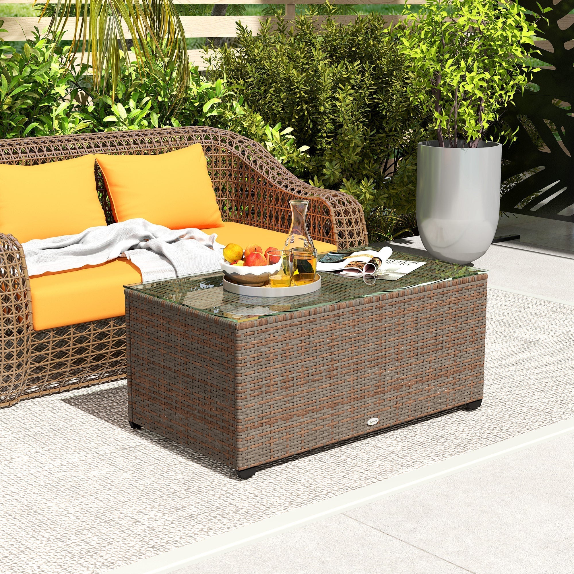 Outsunny 90 x 50cm Glass-Top Rattan Side Table - Brown