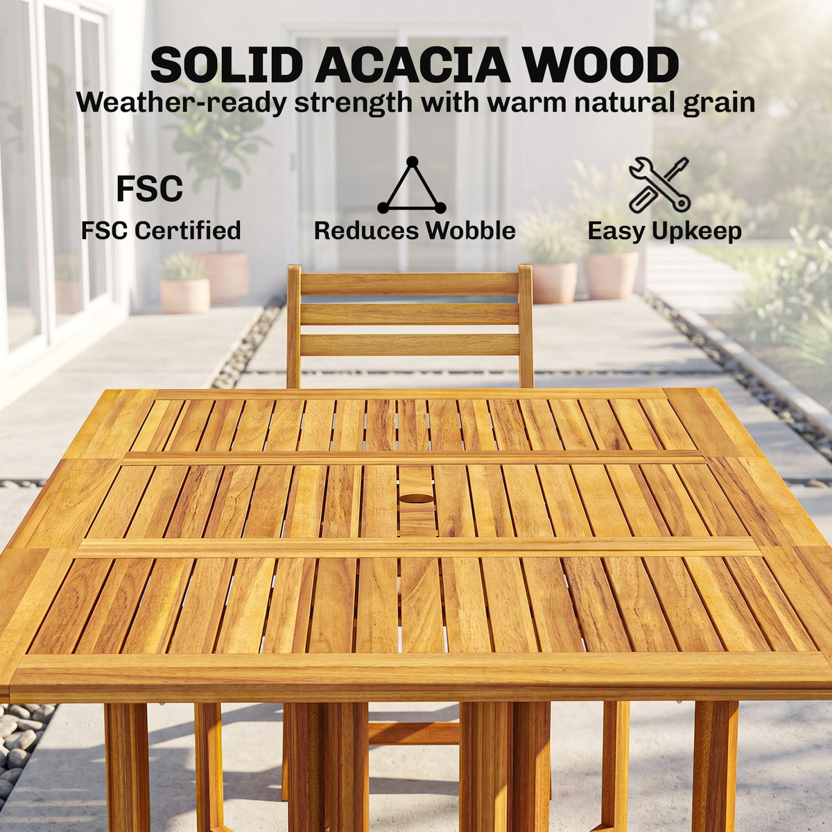 Outsunny 7 Pieces Garden Dining Set, Extending Dining Table and 6 Folding Chairs with Umbrella Hole for Patio, Natural Wood
