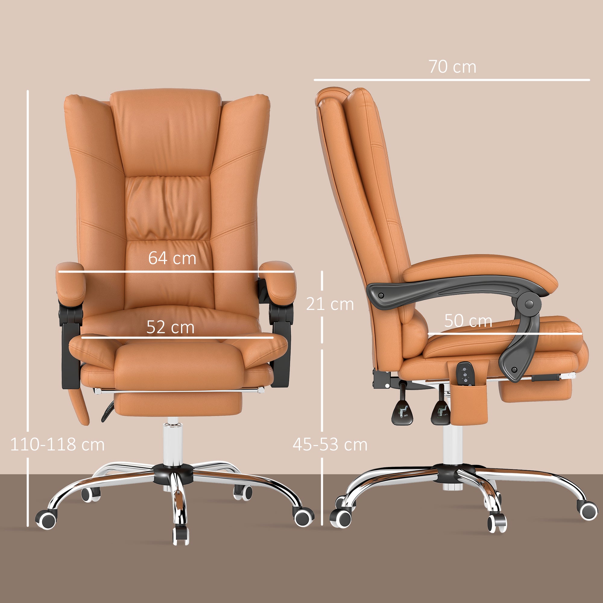 Vinsetto High Back Vibration Massage Office Chair, Heated Reclining PU Leather Computer Chair with 135√Ç¬∞ Reclining Back and Footrest, Light Brown