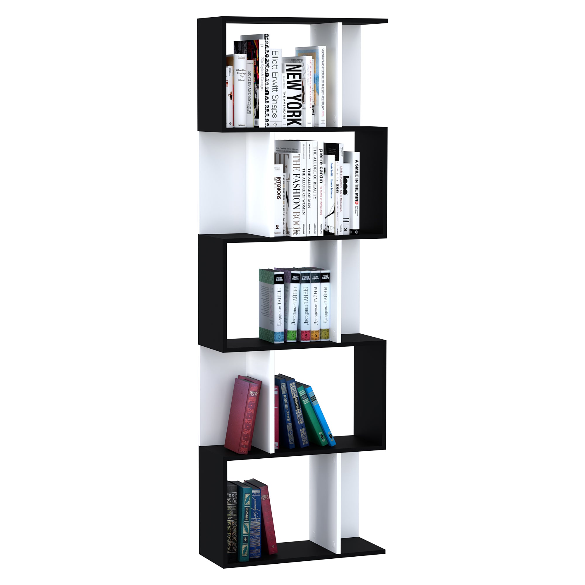 HOMCOM Bookcase, S-Shaped Wooden Bookshelf, 5/6 Tiers Freestanding Storage Shelf, Home Office Decorative Display Stand Rack, Black and White, 24D x 60W x 184.5H