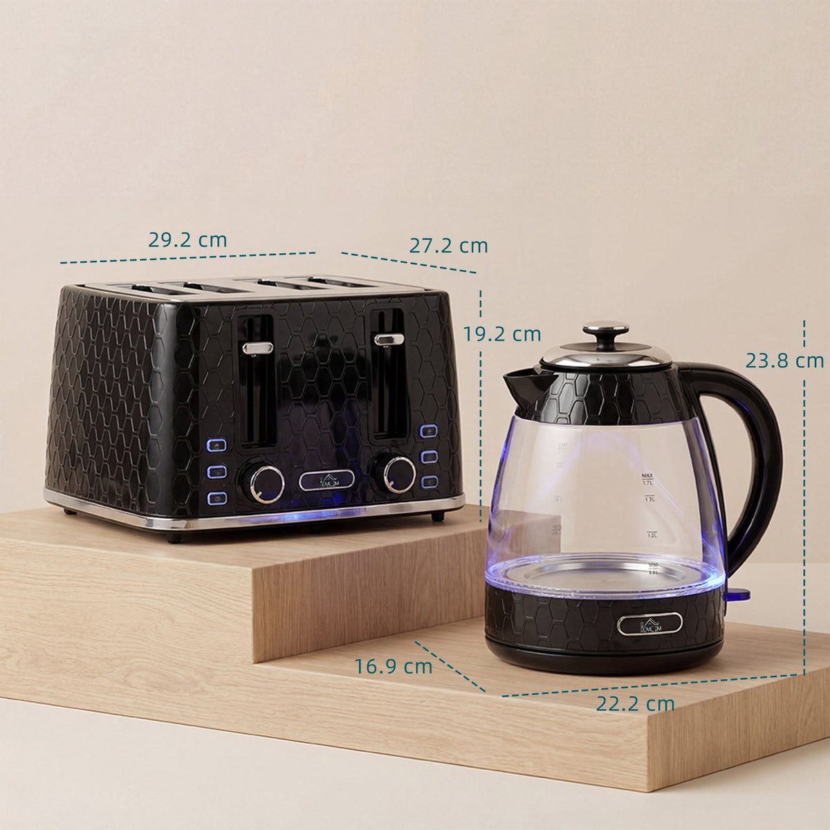 HOMCOM Kettle and Toaster Set, 1.7L 3000W Rapid Kettle with Strix Thermostat, 4 Slice Toaster with 7 Browning Controls, Black