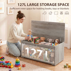 HOMCOM 127L Home Storage Box, with Safety Hinges - Grey Wood-Effect