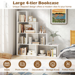 4-Tier Stepped Bookshelf Modern Ladder Bookcase with 6 Storage Cubes-White