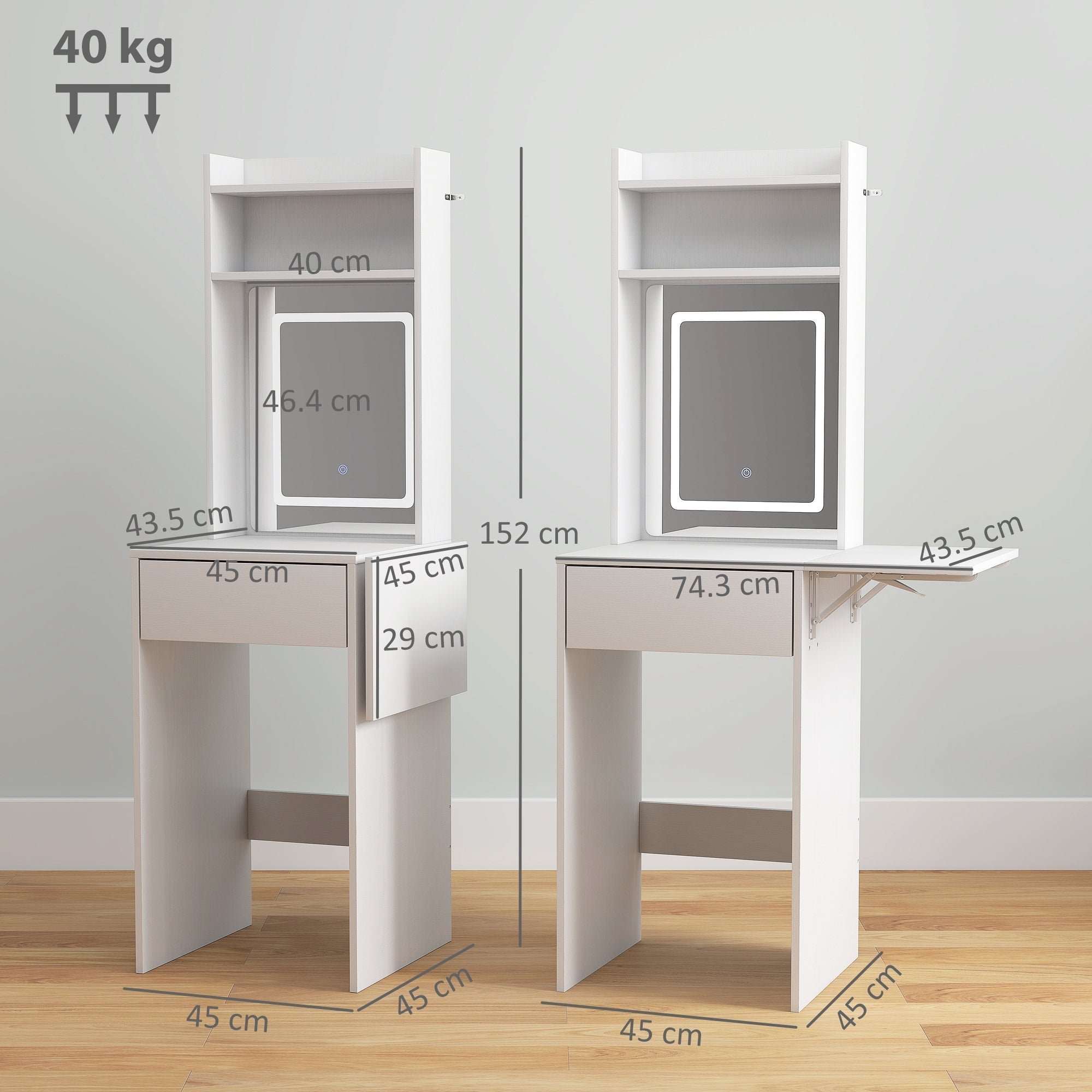 HOMCOM Small Vanity Desk with Mirror and LED Lights, Compact Dressing Table with Drop Leaf, Open Shelves and Drawer, White