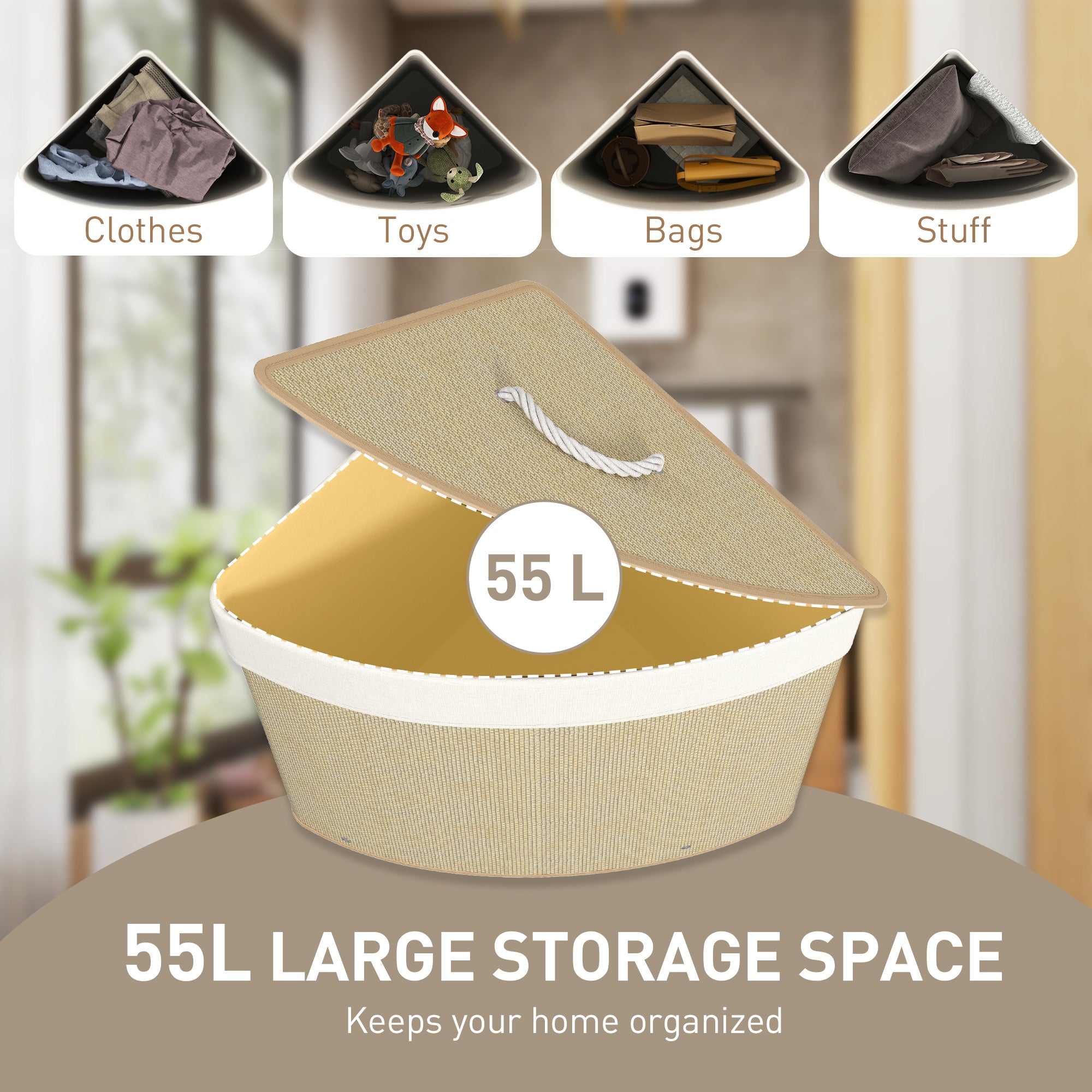 HOMCOM Bamboo Laundry Basket with Lid, 55L Corner Laundry Hamper with Removable Washable Liner Bag, Bathroom Triangle Washing Basket, 35 x 35 x 60 cm, Nature Wood Finish