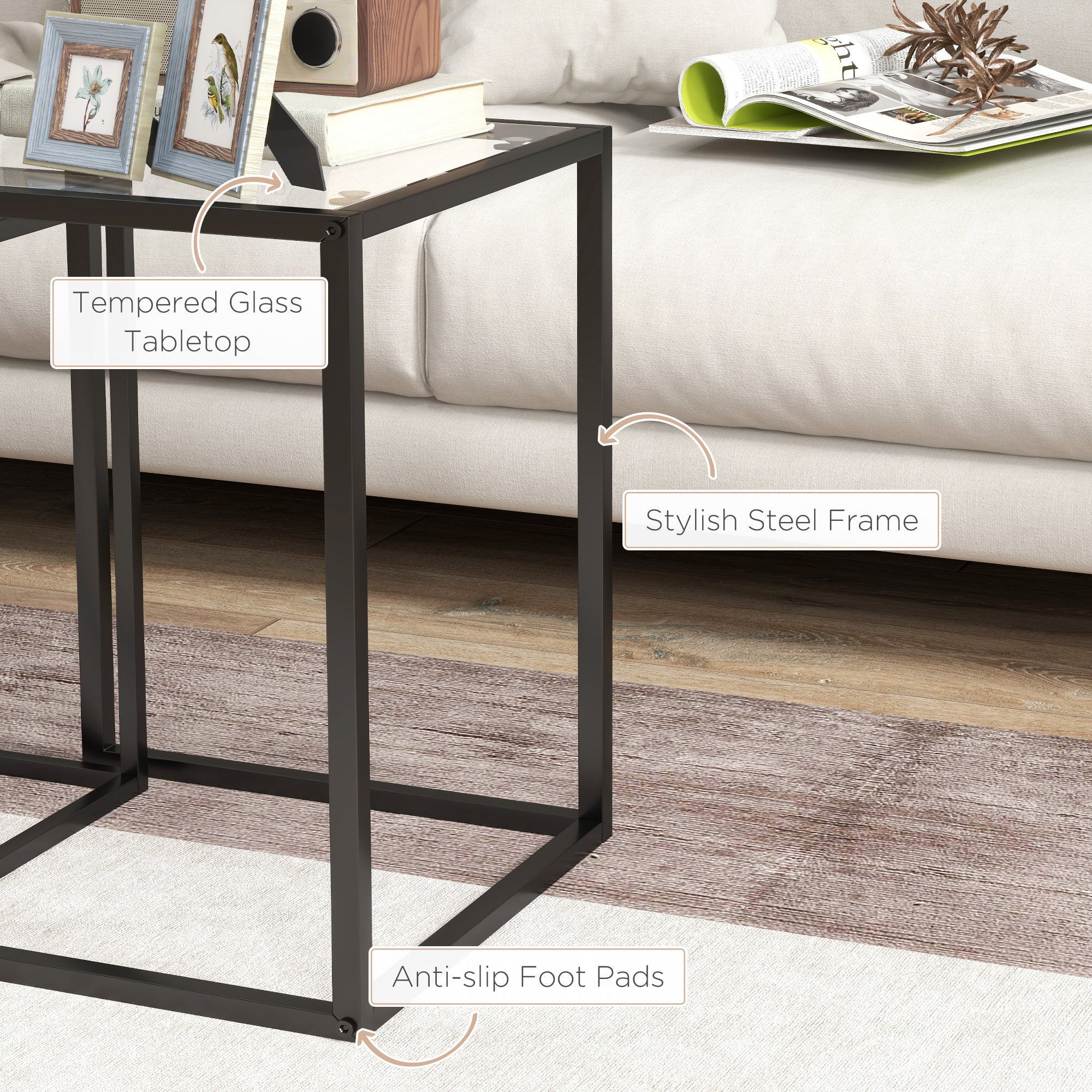 HOMCOM Nesting Tables Set of 2, Side End Table with Tempered Glass Top and Steel Frame for Living Room, Bedroom, Black