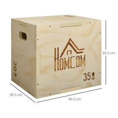 HOMCOM 3-in-1 Wooden Plyo Box, Plyometric Jump Box with Handle Openings for Home Gym, 12" x 14" x 16", Natural