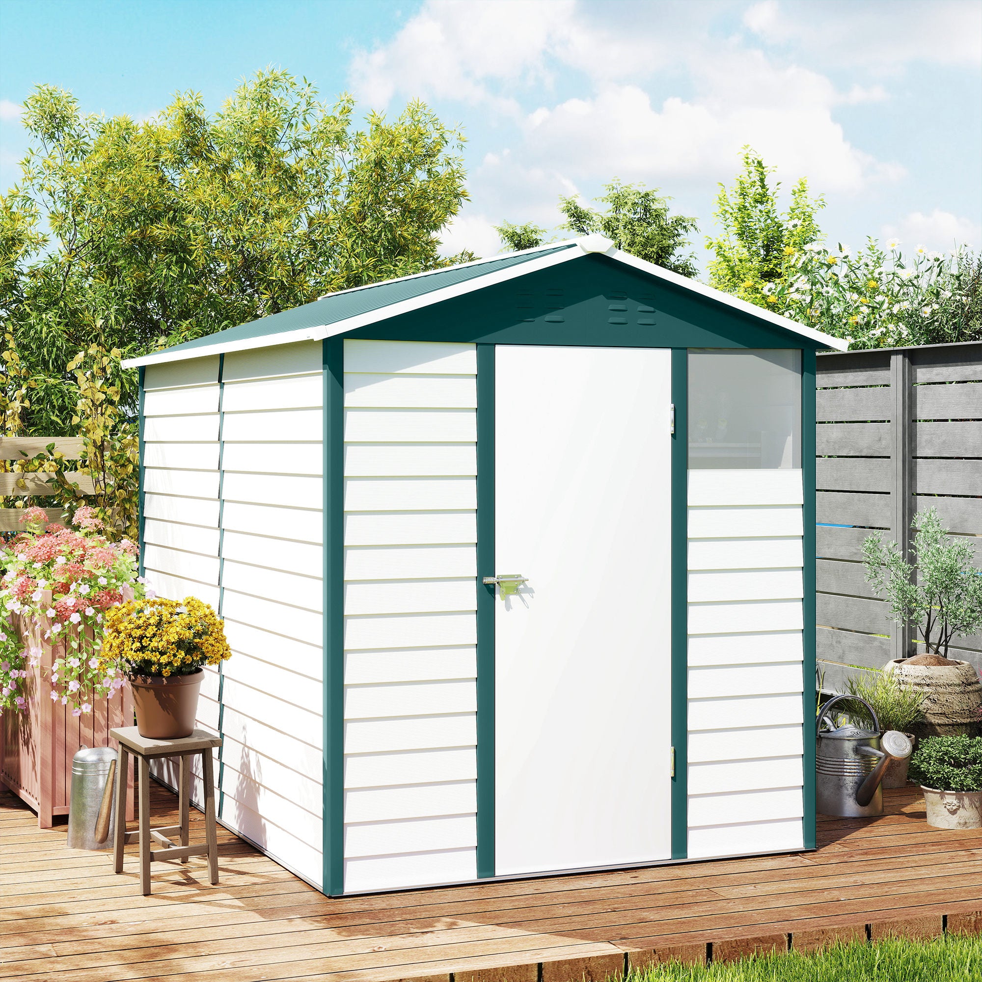 Outsunny 9x 6FT Metal Outdoor Garden Shed, Galvanised Tool Storage Shed w/ Sloped Roof, Lockable Door for Patio Lawn, Green