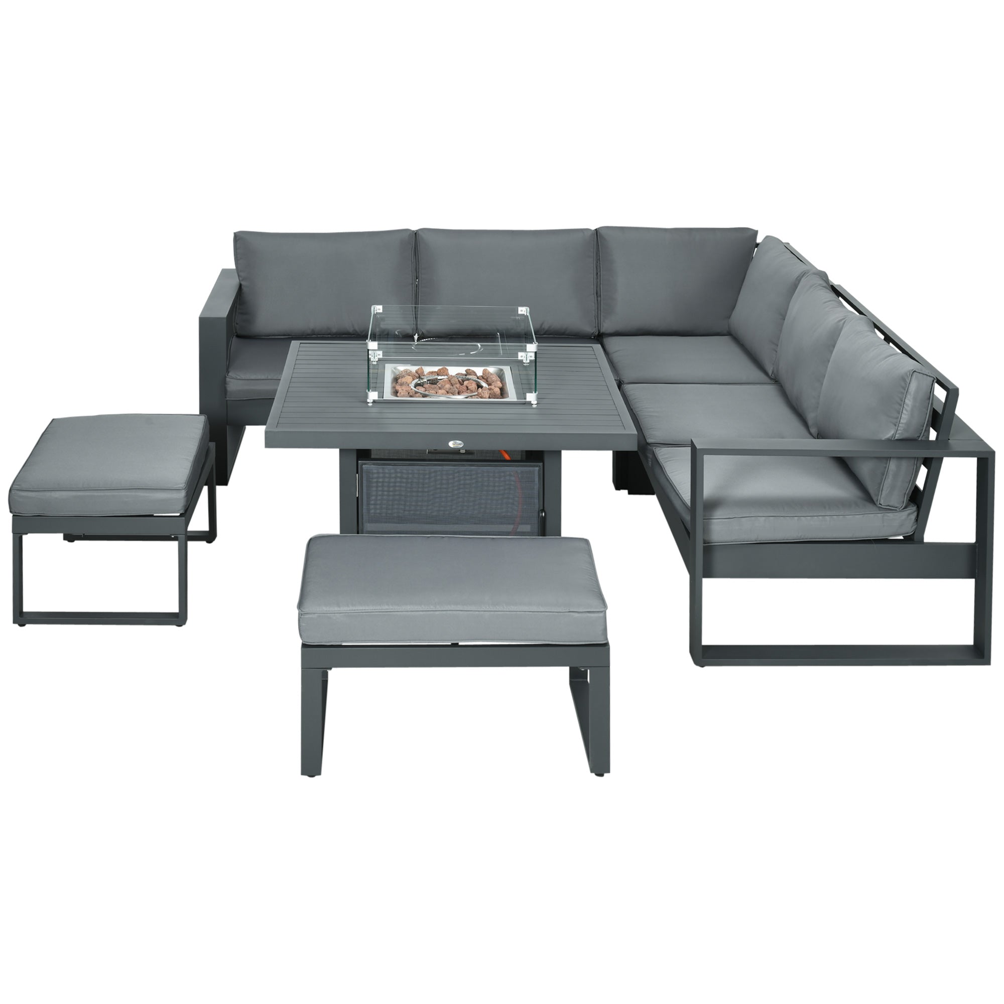 Outsunny 6-Piece Aluminium Garden Furniture Set with Fire Pit Table, Outdoor Dining Sofa Set with Cushions, Loveseats and Footstools, Sectional Corner Conservatory Furniture for Patio, Grey