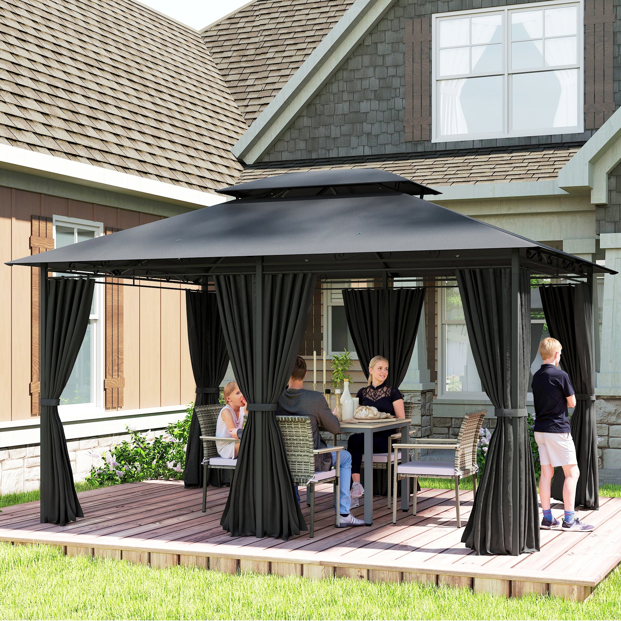 Outsunny 3 x 4m Steel Gazebo, with Curtains - Black