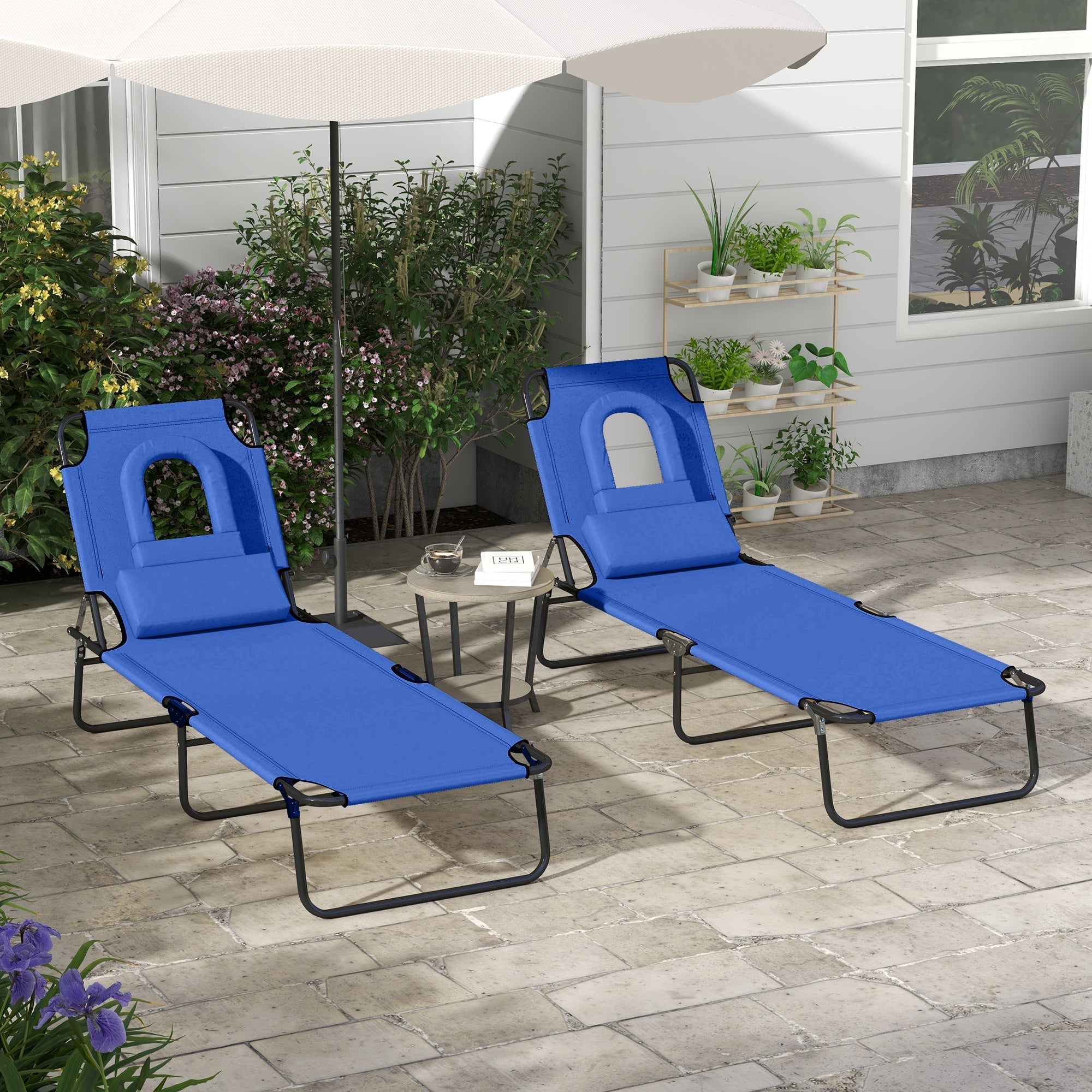 Outsunny Outdoor Folding Sun Lounger Set of 2 with Face Hole, 4 Level Adjustable Backrest Reclining Garden Lounger, Garden Recliner Sunbed with 600 D Oxford Cloth Seat and Pillow for Beach, Blue