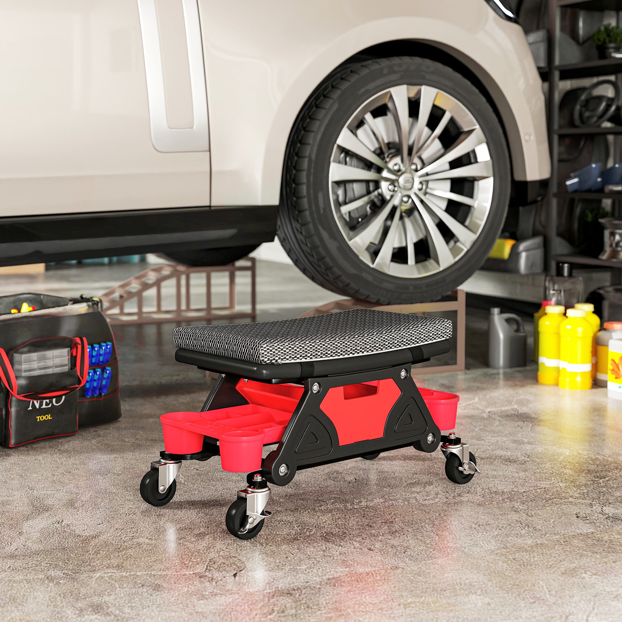 HOMCOM Rolling Mechanic Stool, 135kg Capacity Workshop Stool, 360√Ç¬∞ Swivel Roller Padded Creeper Seat with Wheels, Slide Out Tool Trays and Drawer for Garage, Shop, Auto Repair, Black