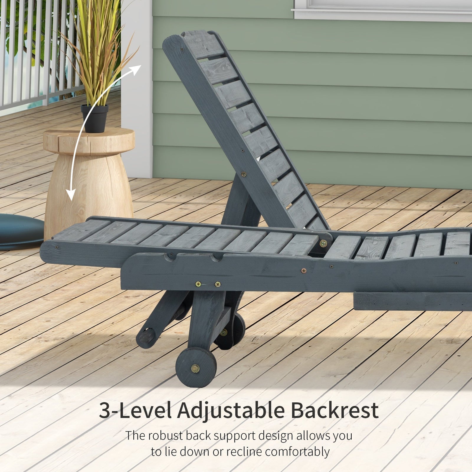 Outsunny Garden Patio Sun Lounger, Outdoor Wooden Sun Bed with Built-In Table, Reclining Backrest and Rolling Wheels for Sunbathing, Grey