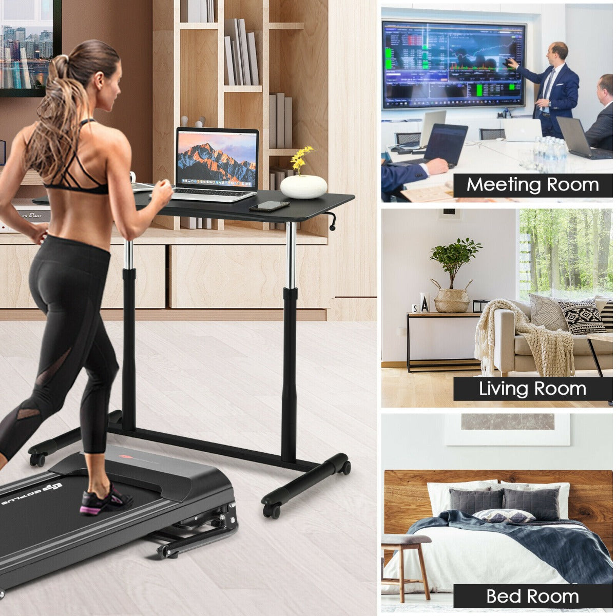 Height Adjustable Laptop Table with Wheels for Home and Office-Black