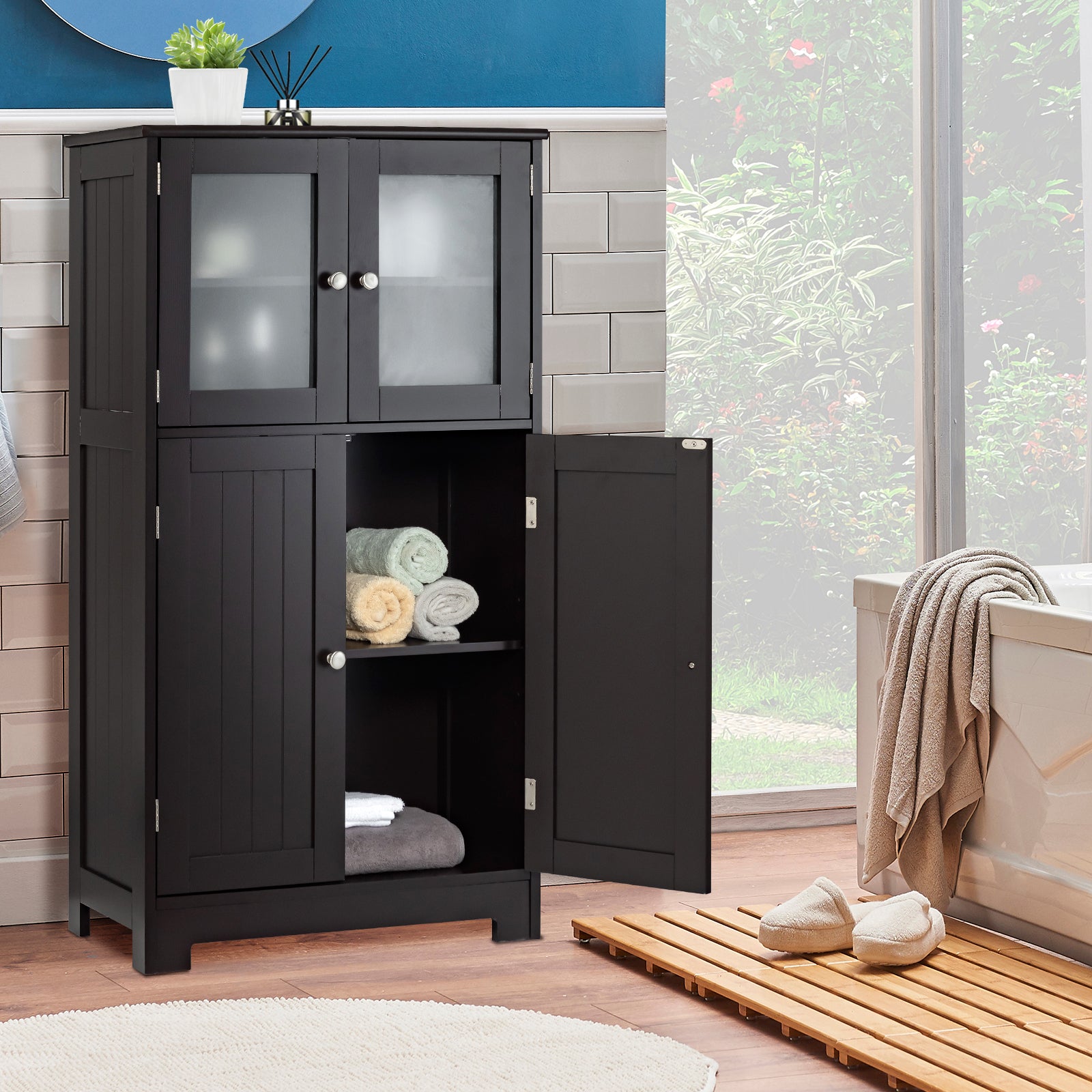 4-Door Bathroom Floor Cabinet with Glass Doors and Adjustable Shelf-Black