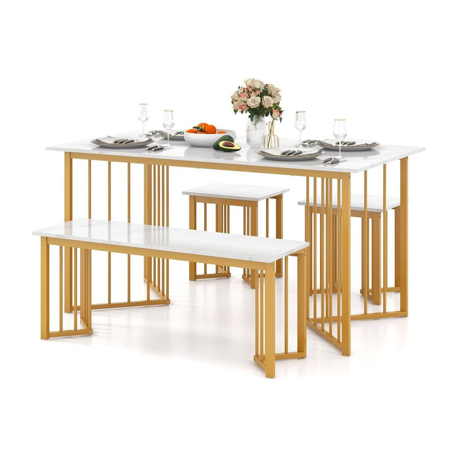 4 Pieces Modern Dinette Dining Table Set with Bench and 2 Stools-White & Golden