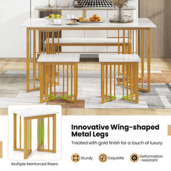 4 Pieces Modern Dinette Dining Table Set with Bench and 2 Stools-White & Golden
