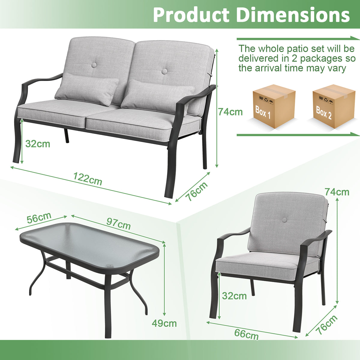 4 Piece Patio Conversation Set with Tempered Glass Coffee Table-Grey